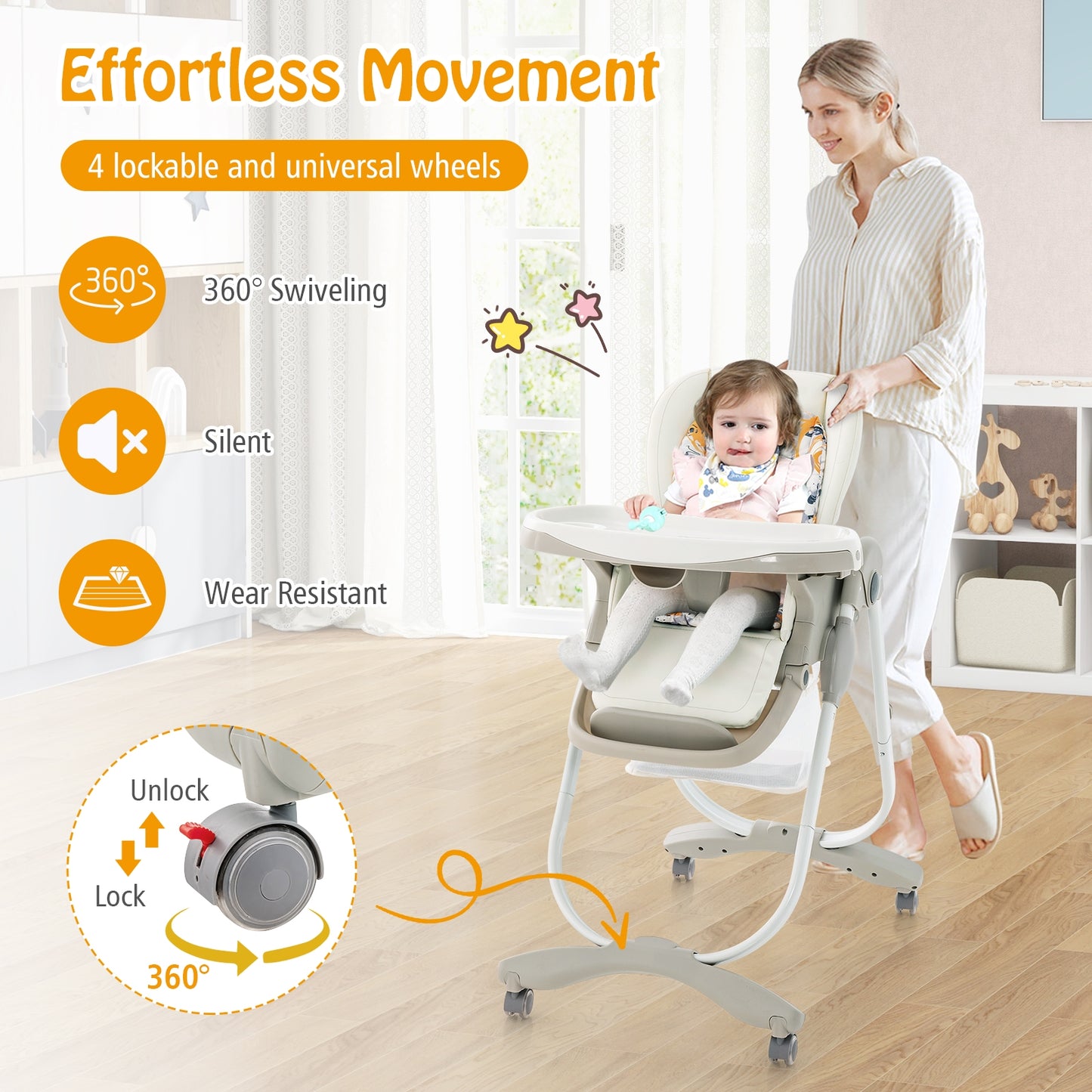 Multifunctional Folding Baby High Chair with Rolling Wheels and Adjustable Height-White Kids Crystal