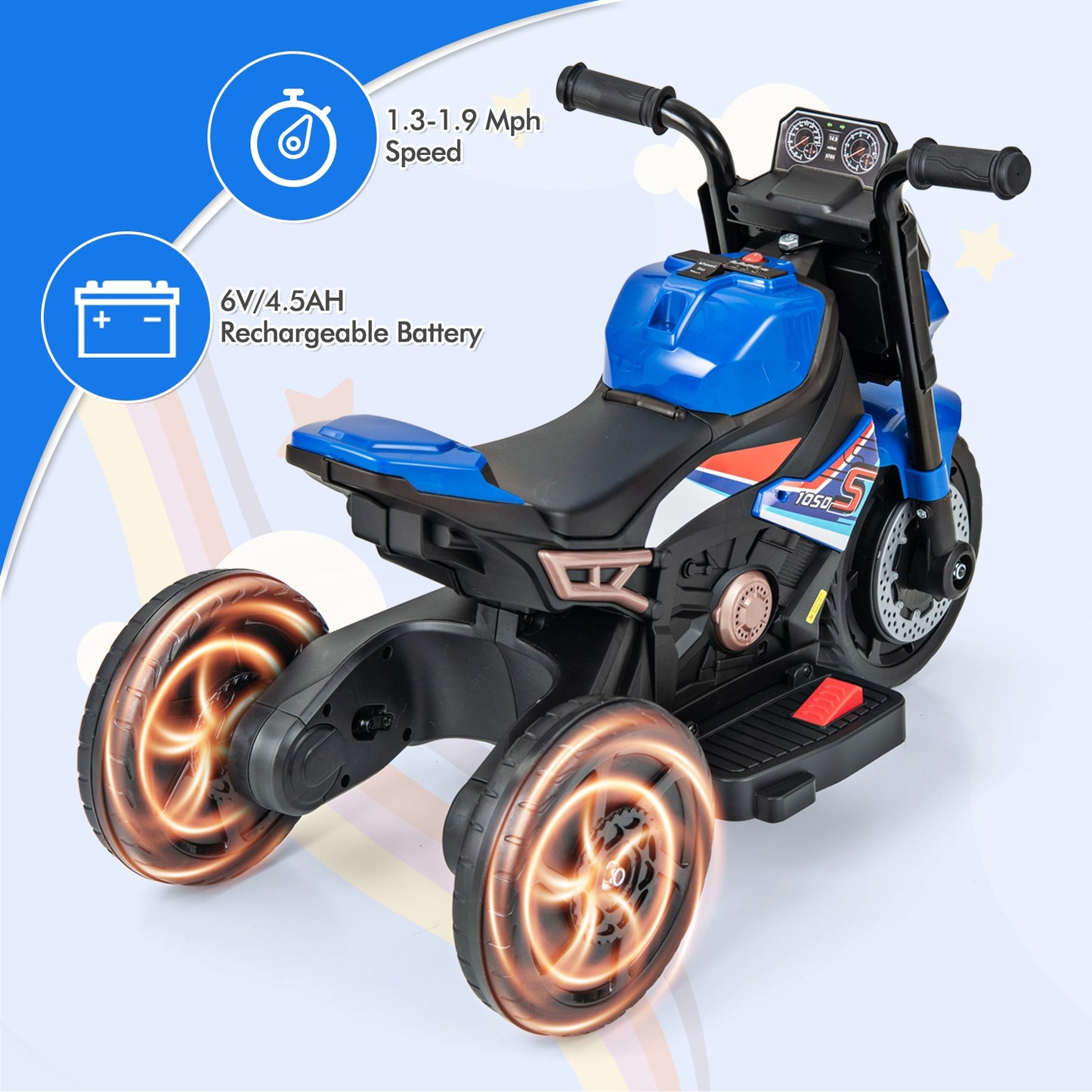 Kids Ride-on Motorcycle 6V Battery Powered Motorbike with Detachable Training Wheels-Blue Kids Crystal