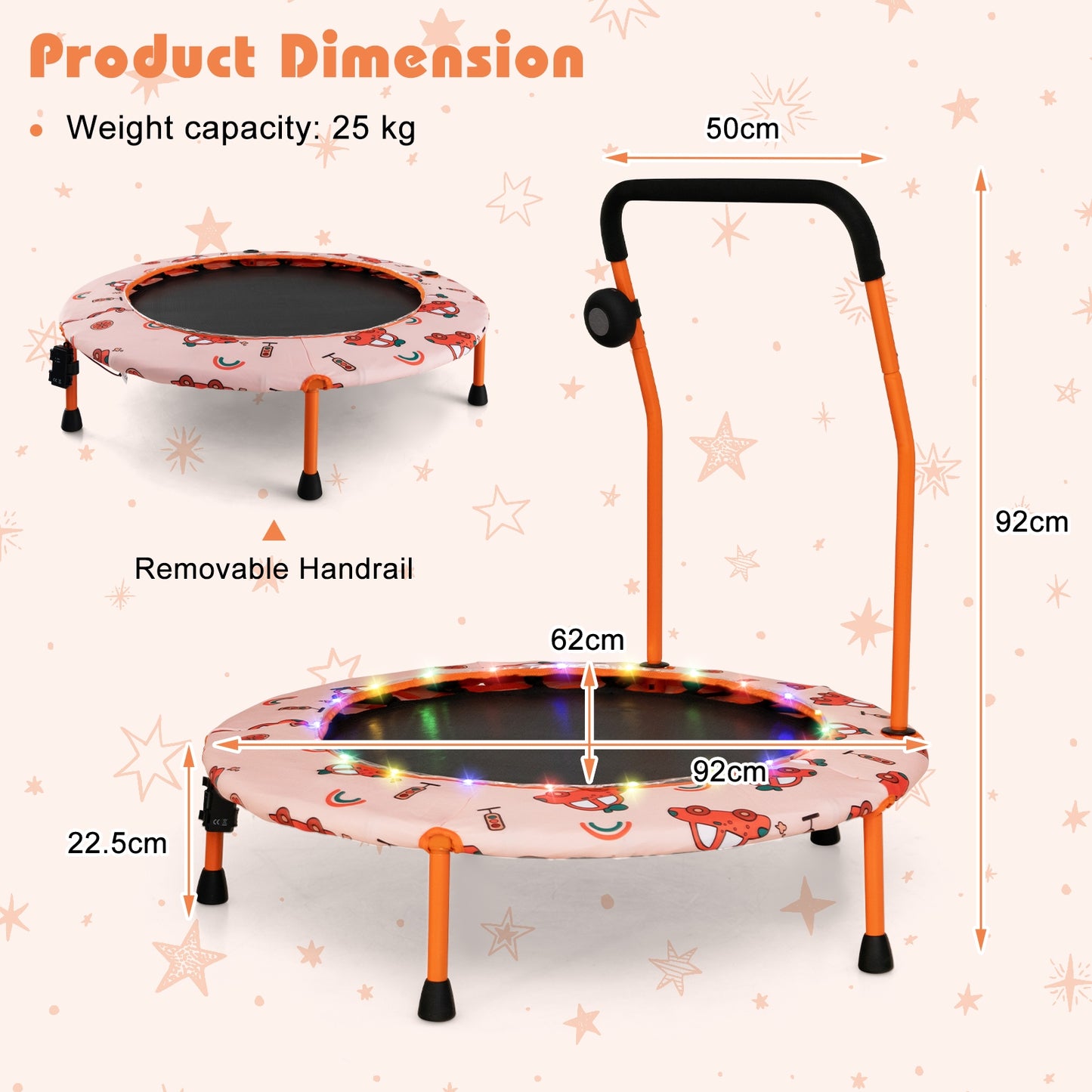 36 Inch Mini Trampoline with Colorful LED Lights and Bluetooth Speaker-Orange Kids Crystal