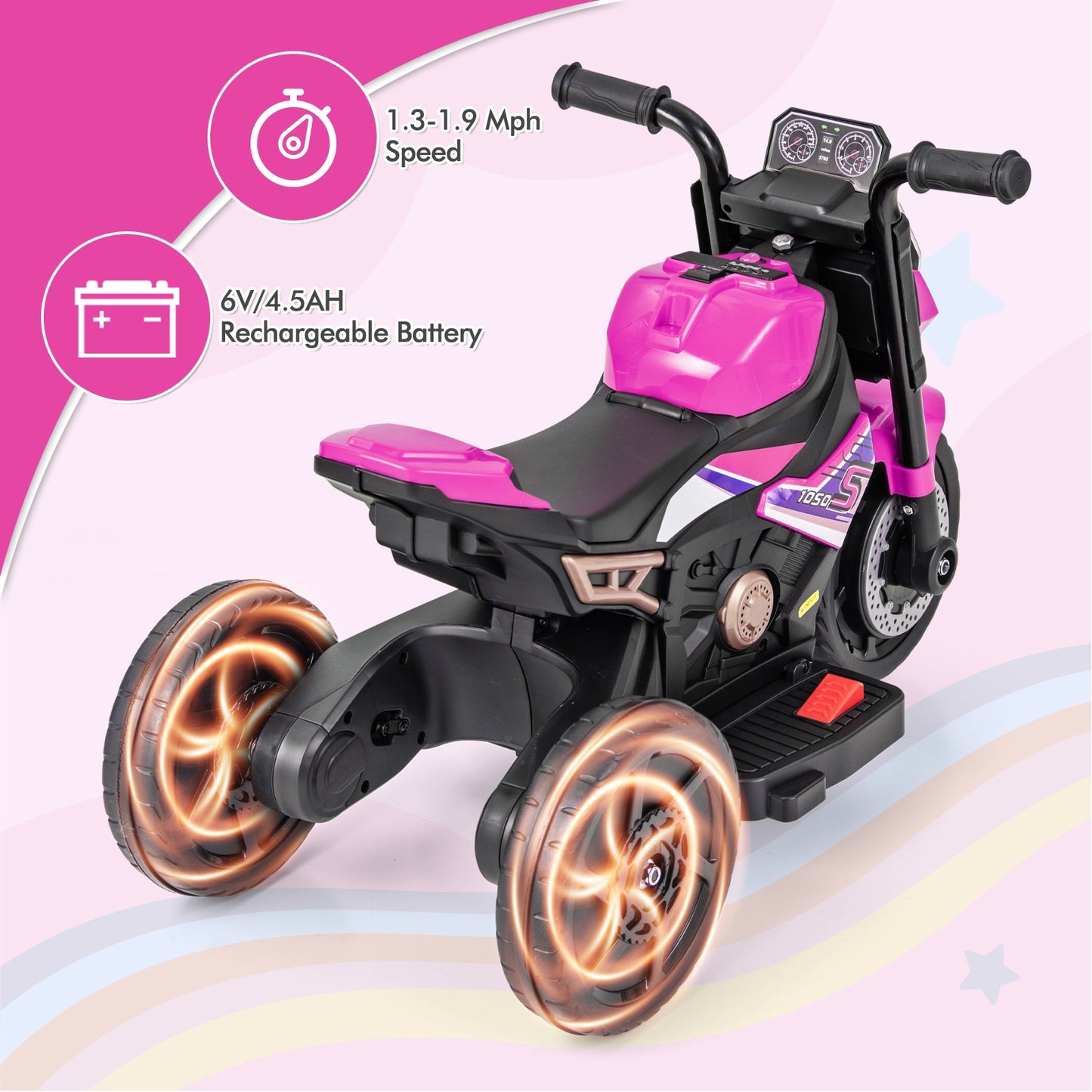 Kids Ride-on Motorcycle 6V Battery Powered Motorbike with Detachable Training Wheels-Pink Kids Crystal