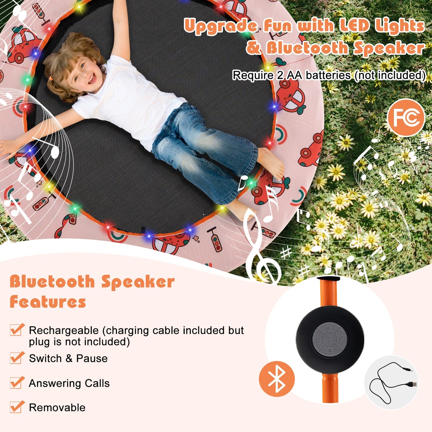 36 Inch Mini Trampoline with Colorful LED Lights and Bluetooth Speaker-Orange Kids Crystal
