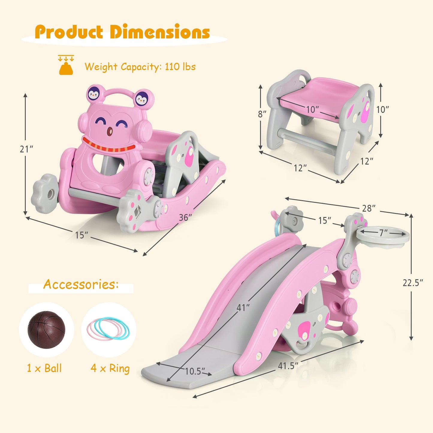 4-in-1 Rocking Horse and Slide Set for Kids-Pink Kids Crystal