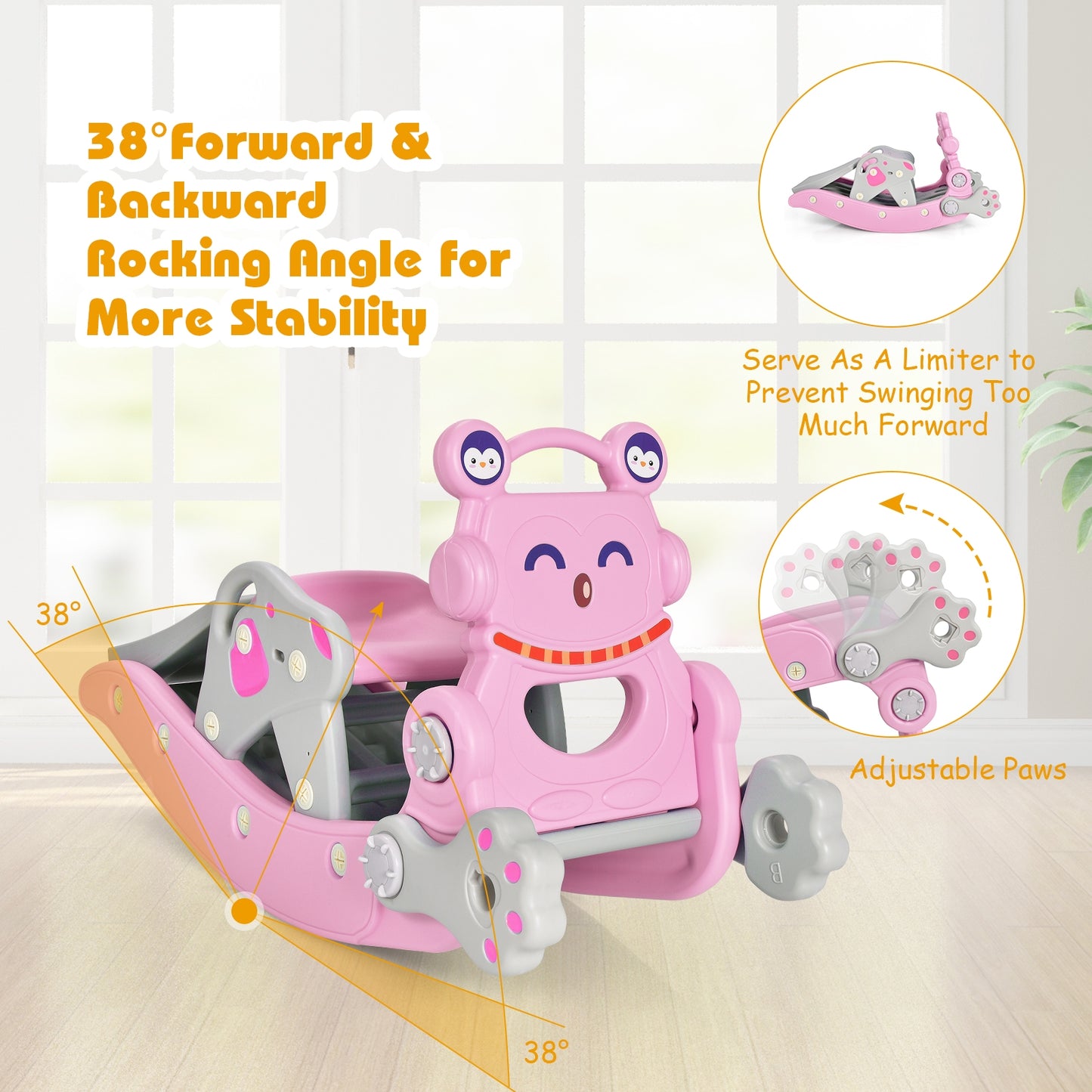 4-in-1 Rocking Horse and Slide Set for Kids-Pink Kids Crystal