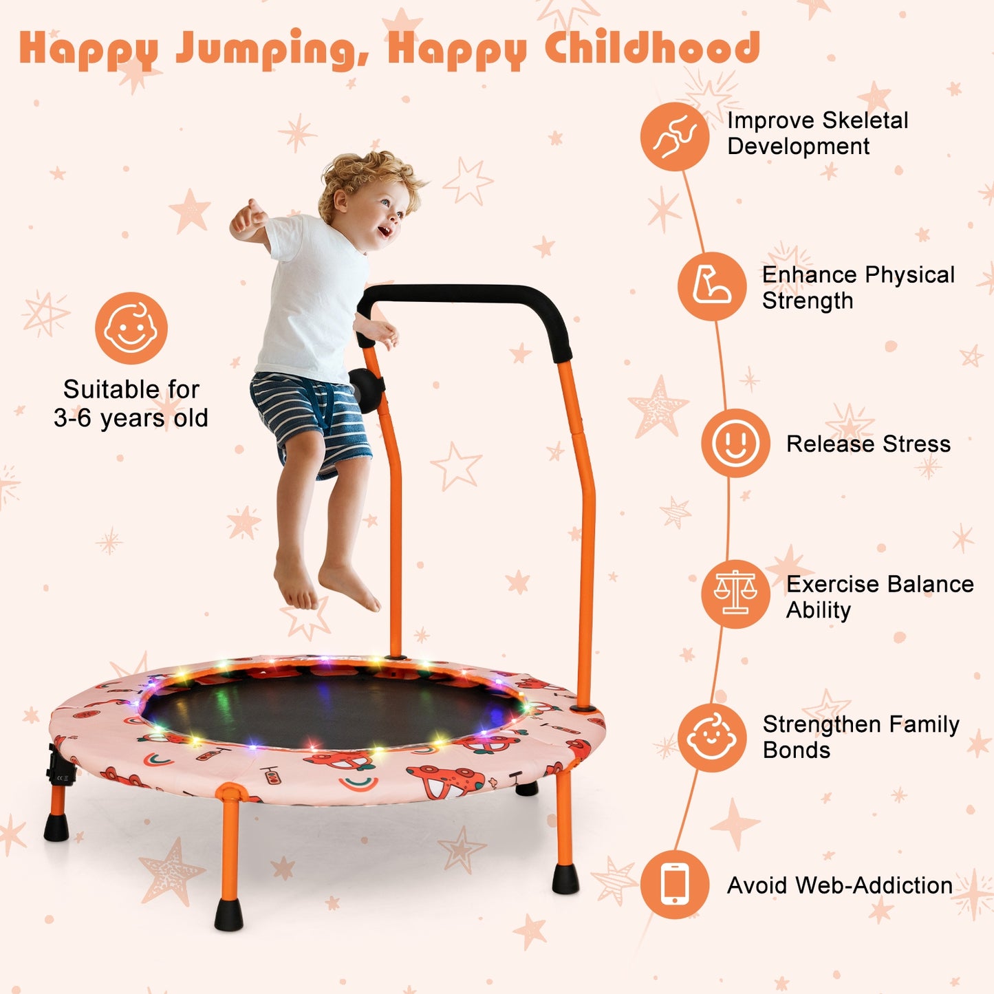 36 Inch Mini Trampoline with Colorful LED Lights and Bluetooth Speaker-Orange Kids Crystal