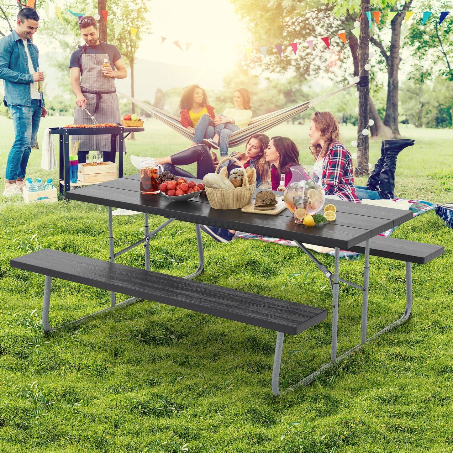 Folding Picnic Table Set with Metal Frame and All-Weather HDPE Tabletop Umbrella Hole-Black Kids Crystal