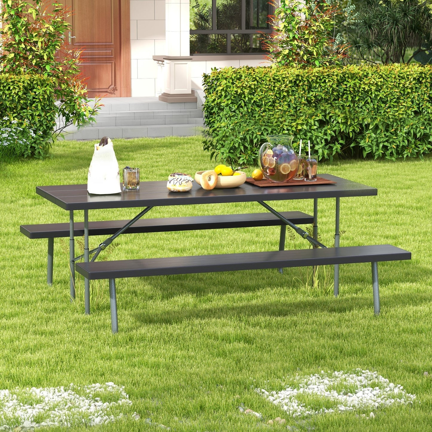 Folding Picnic Table Set with Metal Frame and All-Weather HDPE Tabletop Umbrella Hole-Black Kids Crystal
