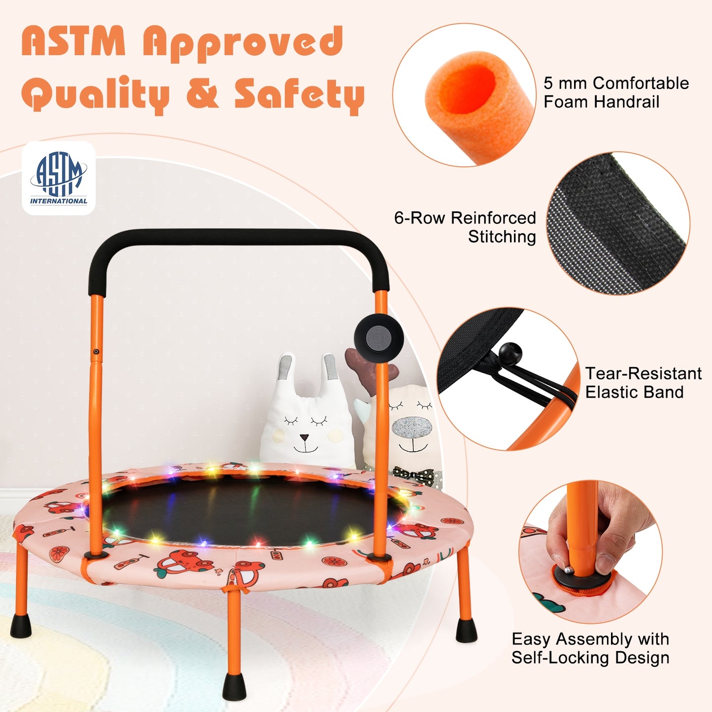 36 Inch Mini Trampoline with Colorful LED Lights and Bluetooth Speaker-Orange Kids Crystal