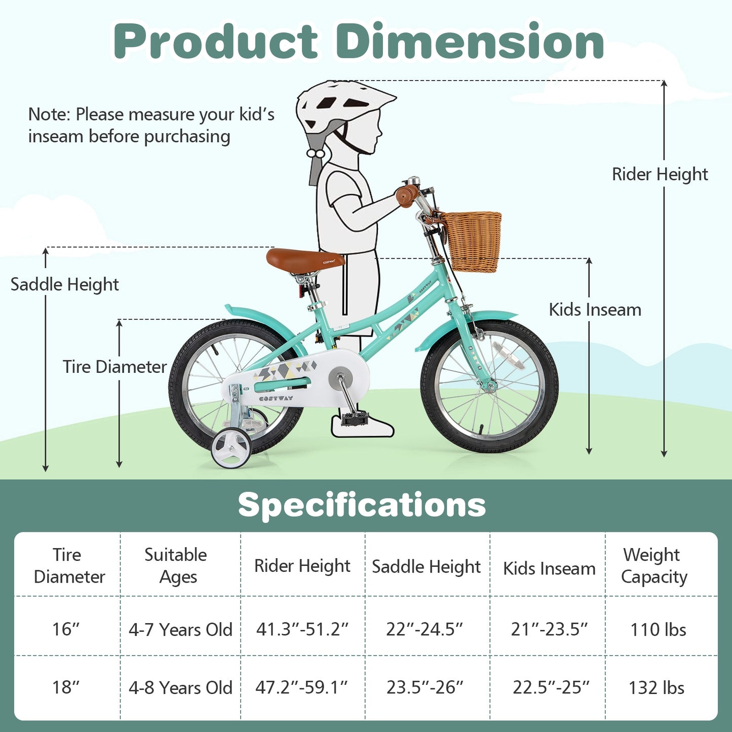 16 Inch Kids Bike Bicycle with Training Wheels and 2 Brake System Ages 4-7 Years Old-16 inches Kids Crystal