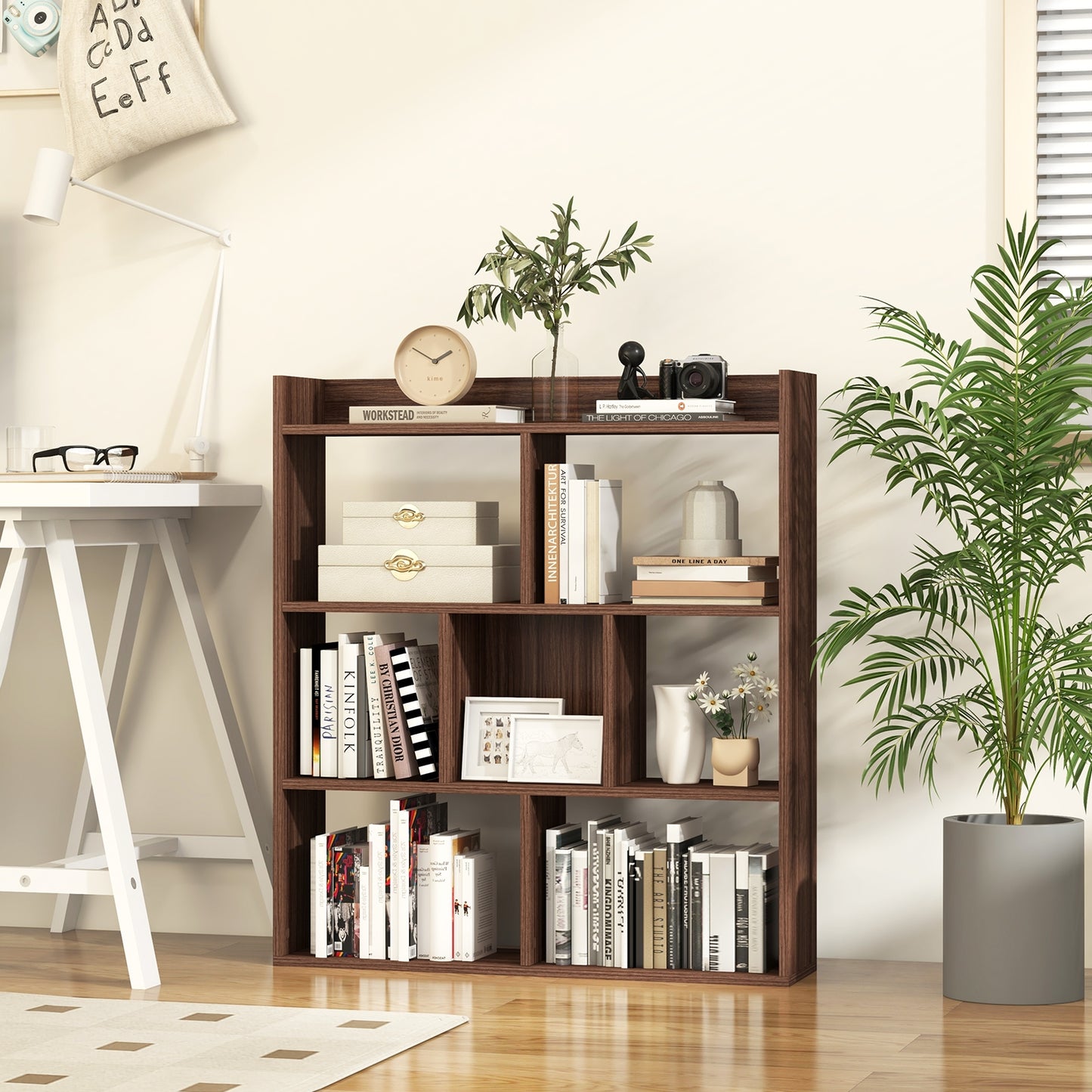 7 Cubes Open-back Bookshelf with Anti-Toppling Devices-Walnut Kids Crystal