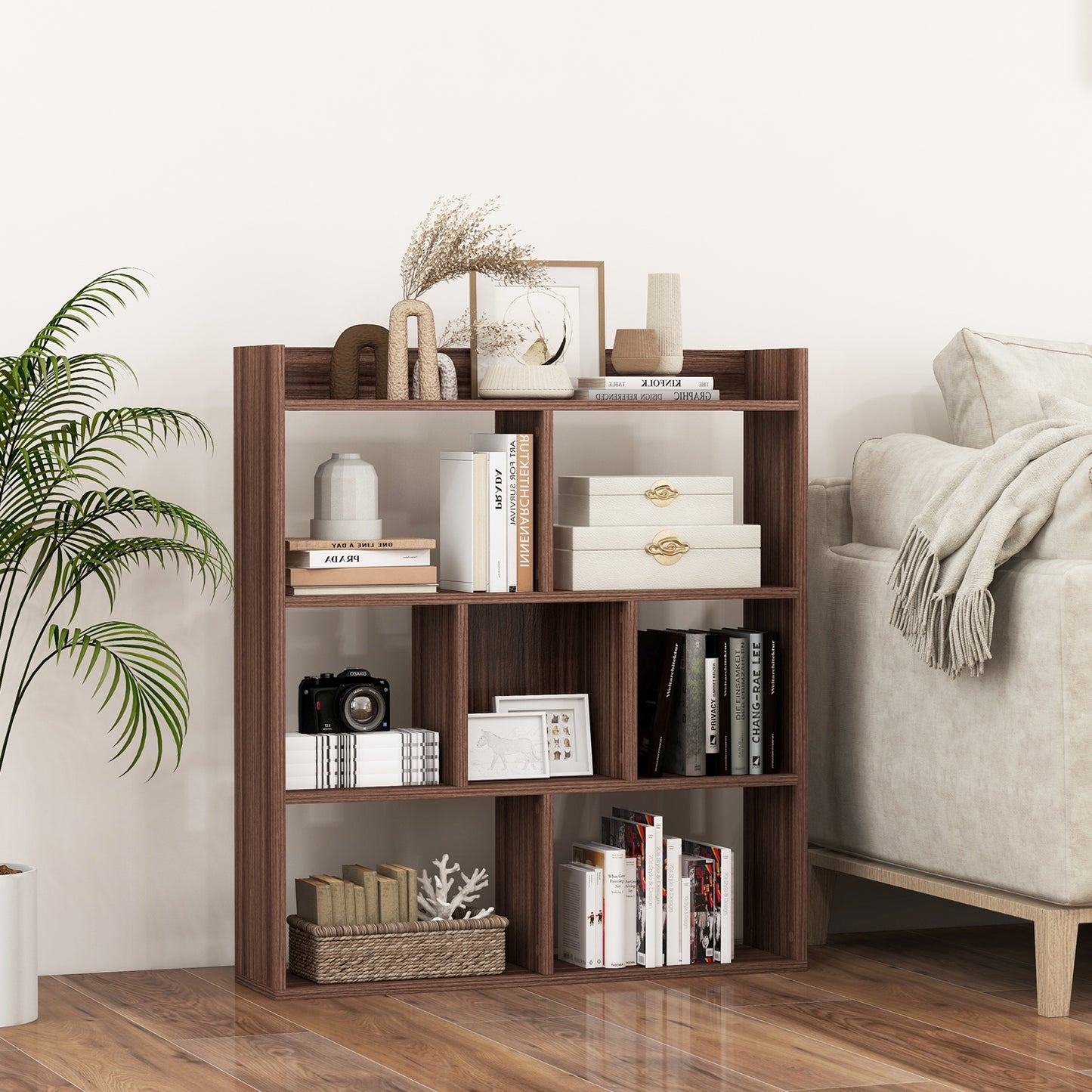 7 Cubes Open-back Bookshelf with Anti-Toppling Devices-Walnut Kids Crystal