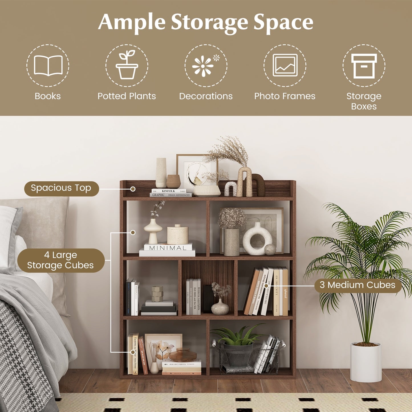 7 Cubes Open-back Bookshelf with Anti-Toppling Devices-Walnut Kids Crystal