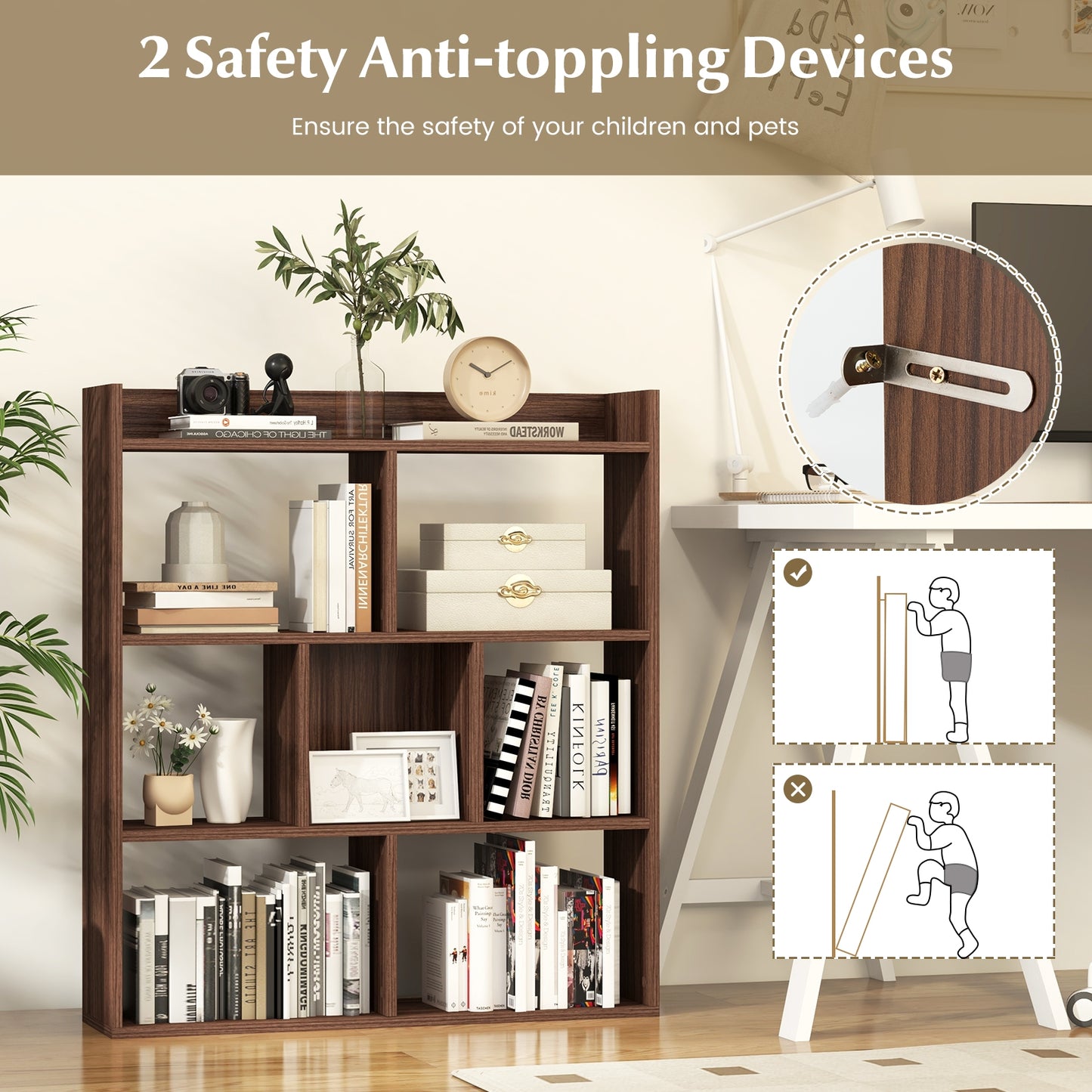 7 Cubes Open-back Bookshelf with Anti-Toppling Devices-Walnut Kids Crystal