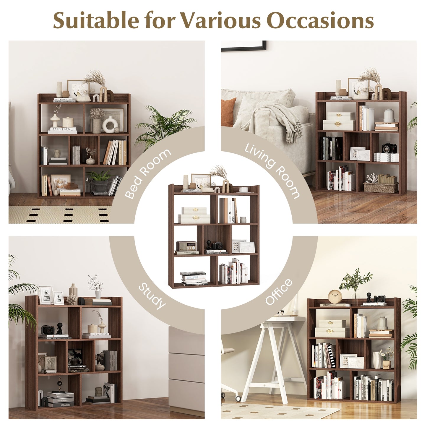 7 Cubes Open-back Bookshelf with Anti-Toppling Devices-Walnut Kids Crystal