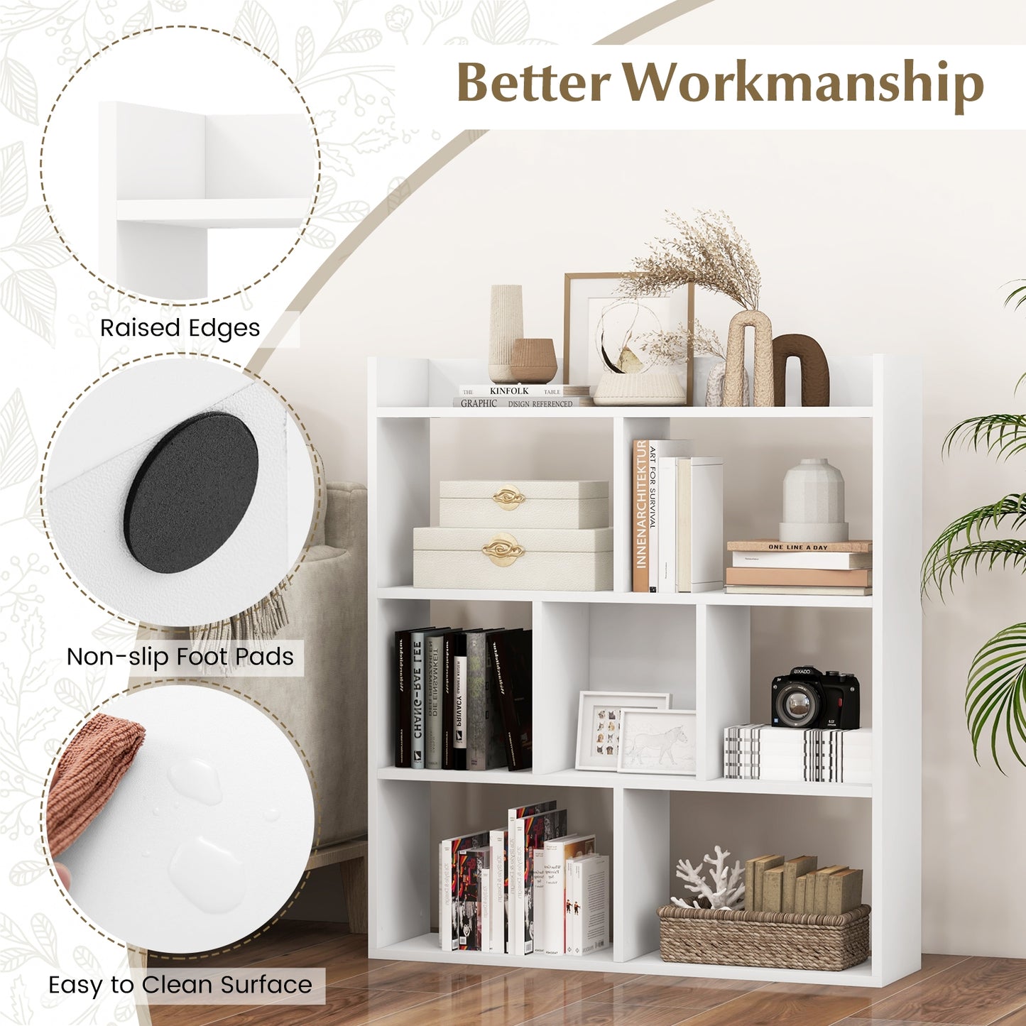 7 Cubes Open-back Bookshelf with Anti-Toppling Devices-White Kids Crystal