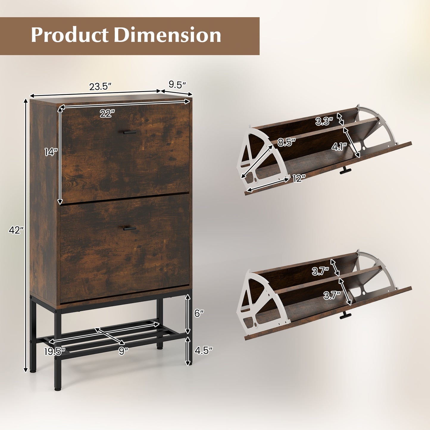 Industrial Shoe Storage Cabinet with 2 Flip Drawers and 1 Bottom Metal Shelf-Brown Kids Crystal