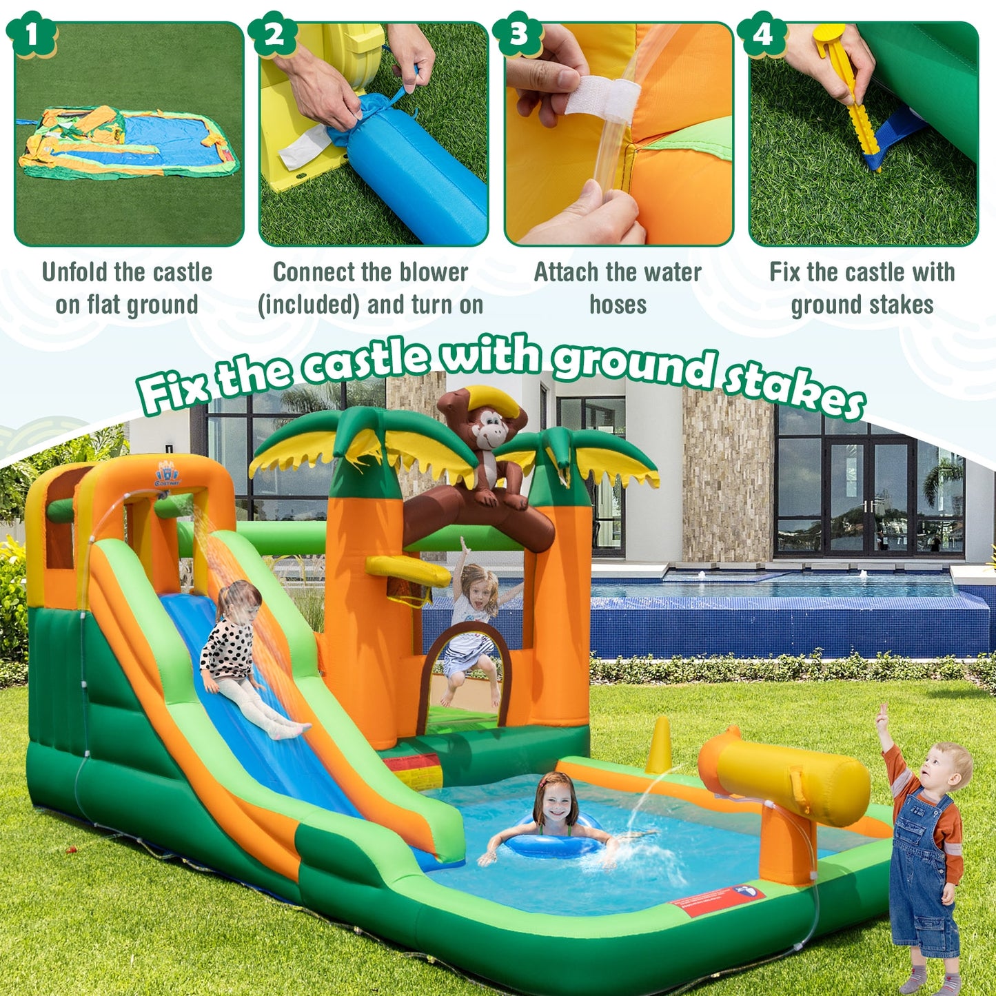 Monkey-Themed Inflatable Water Slide with Jumping Area and Pool with 680W Blower Kids Crystal