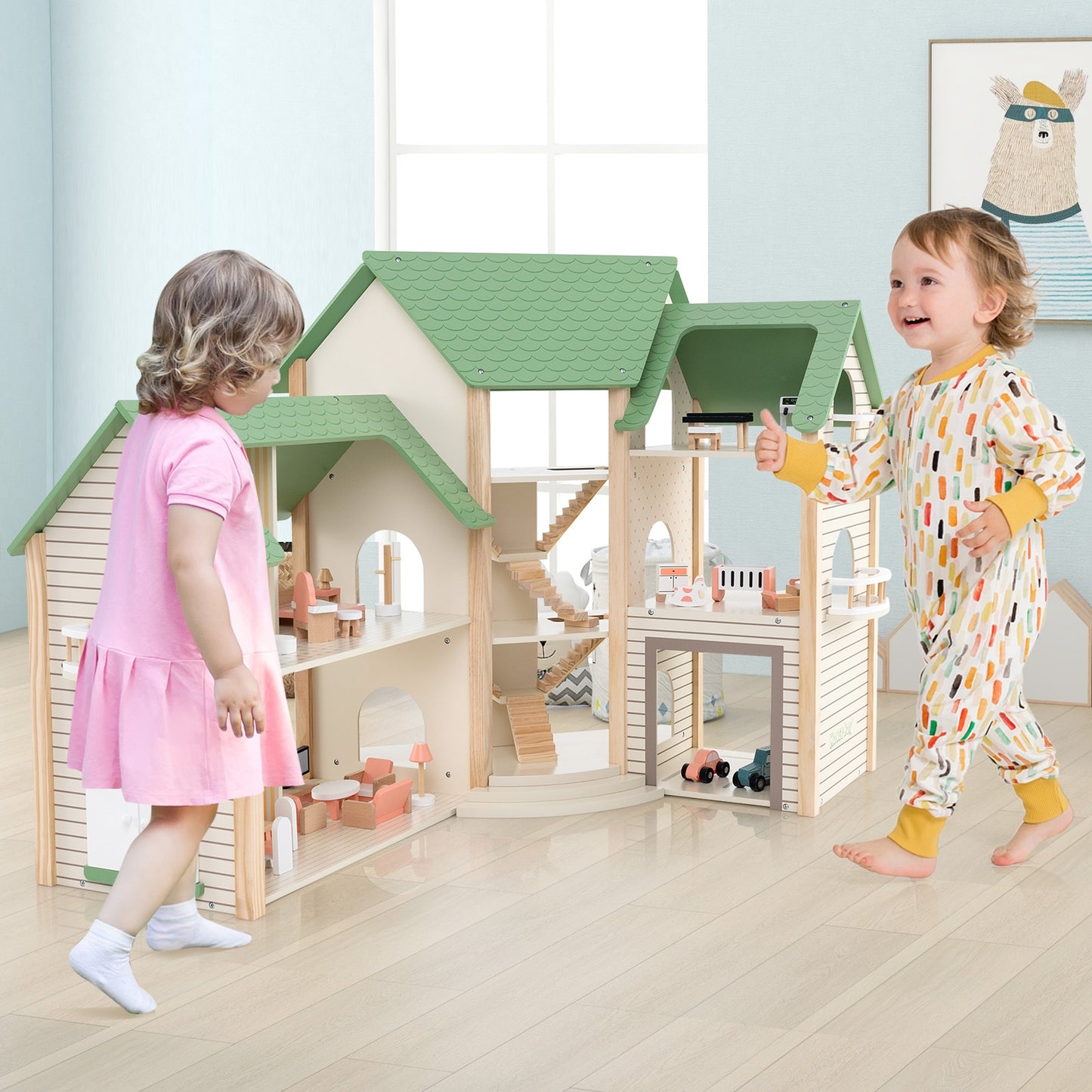 Wooden Corner Dollhouse Playset with 6 Rooms and 36 Pieces for Kids 3+ Years Old-Green Kids Crystal