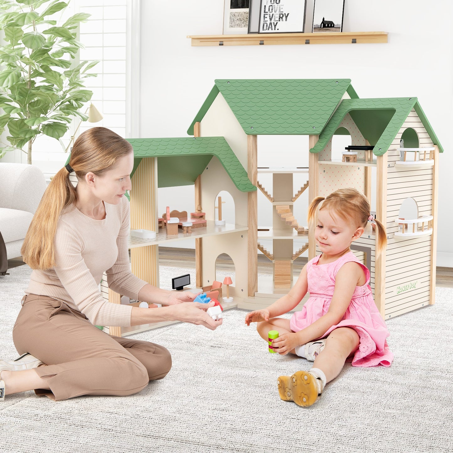 Wooden Corner Dollhouse Playset with 6 Rooms and 36 Pieces for Kids 3+ Years Old-Green Kids Crystal
