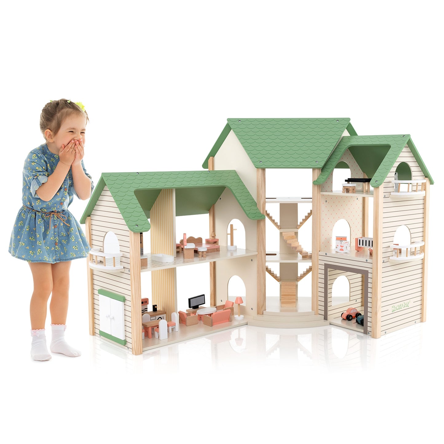 Wooden Corner Dollhouse Playset with 6 Rooms and 36 Pieces for Kids 3+ Years Old-Green Kids Crystal