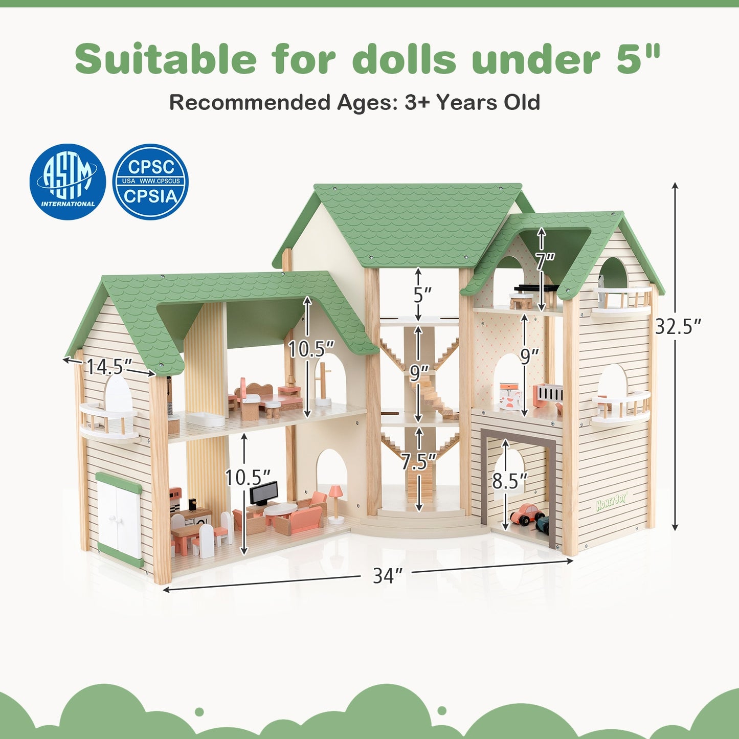Wooden Corner Dollhouse Playset with 6 Rooms and 36 Pieces for Kids 3+ Years Old-Green Kids Crystal
