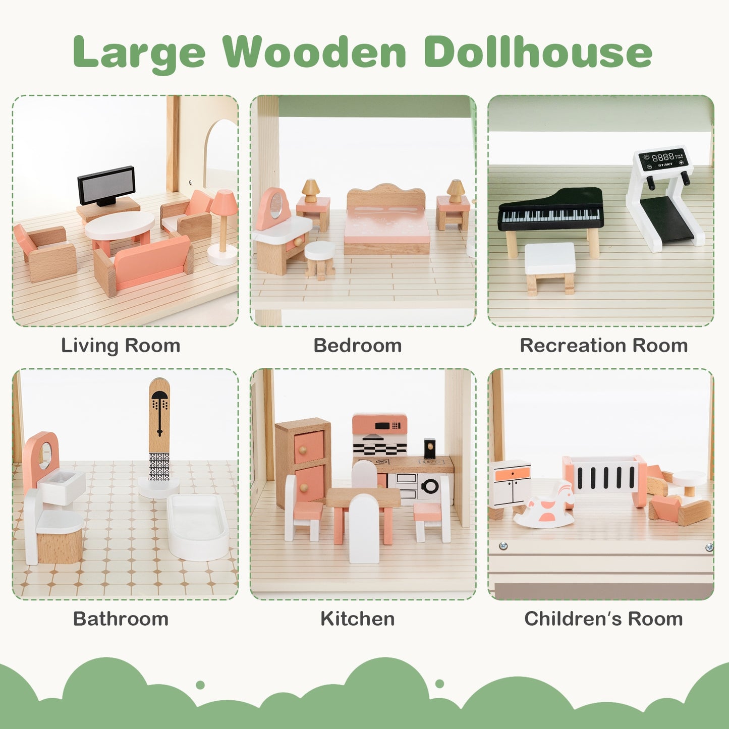Wooden Corner Dollhouse Playset with 6 Rooms and 36 Pieces for Kids 3+ Years Old-Green Kids Crystal