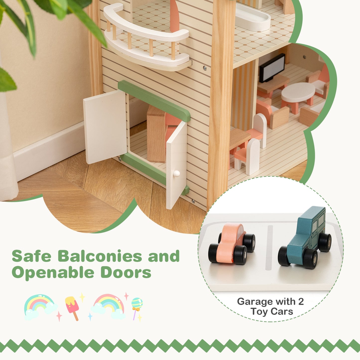 Wooden Corner Dollhouse Playset with 6 Rooms and 36 Pieces for Kids 3+ Years Old-Green Kids Crystal