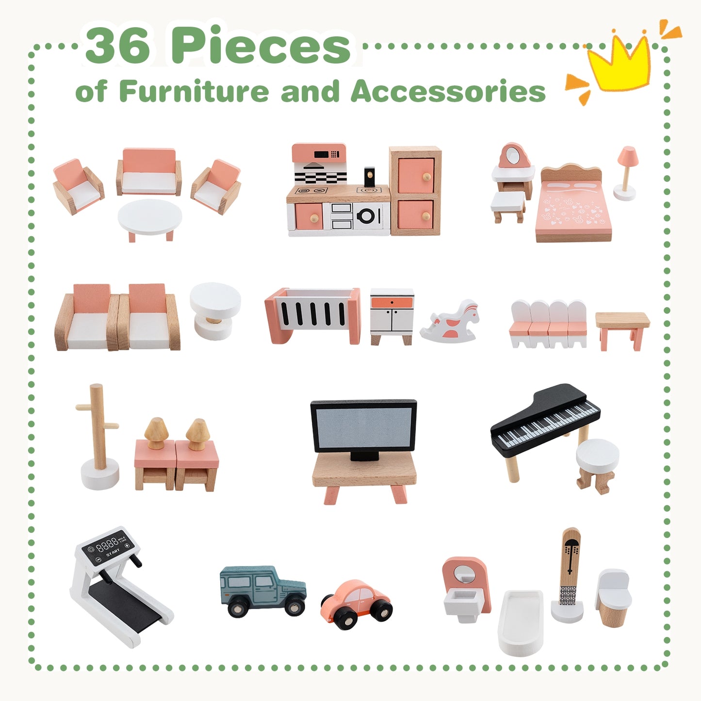 Wooden Corner Dollhouse Playset with 6 Rooms and 36 Pieces for Kids 3+ Years Old-Green Kids Crystal