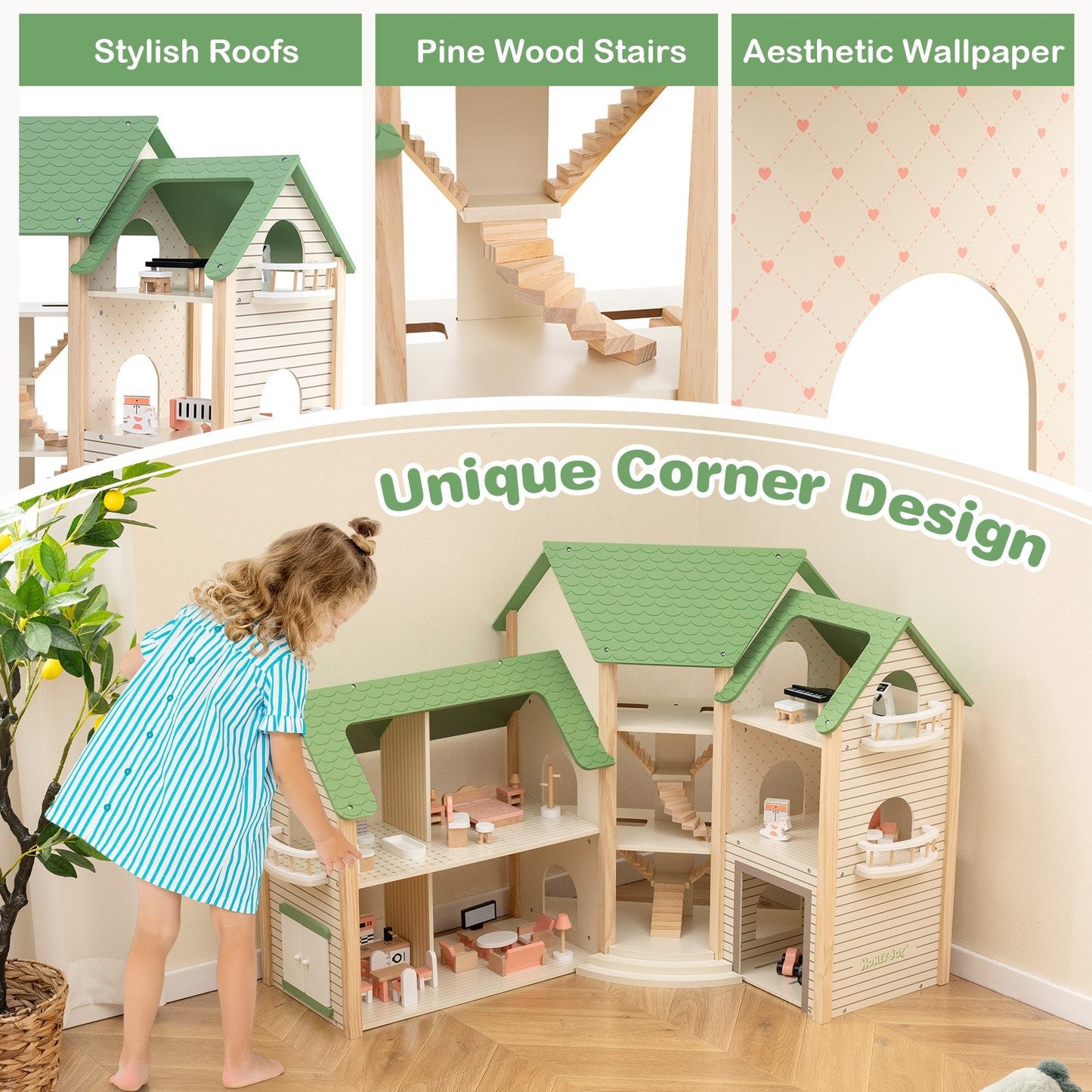 Wooden Corner Dollhouse Playset with 6 Rooms and 36 Pieces for Kids 3+ Years Old-Green Kids Crystal