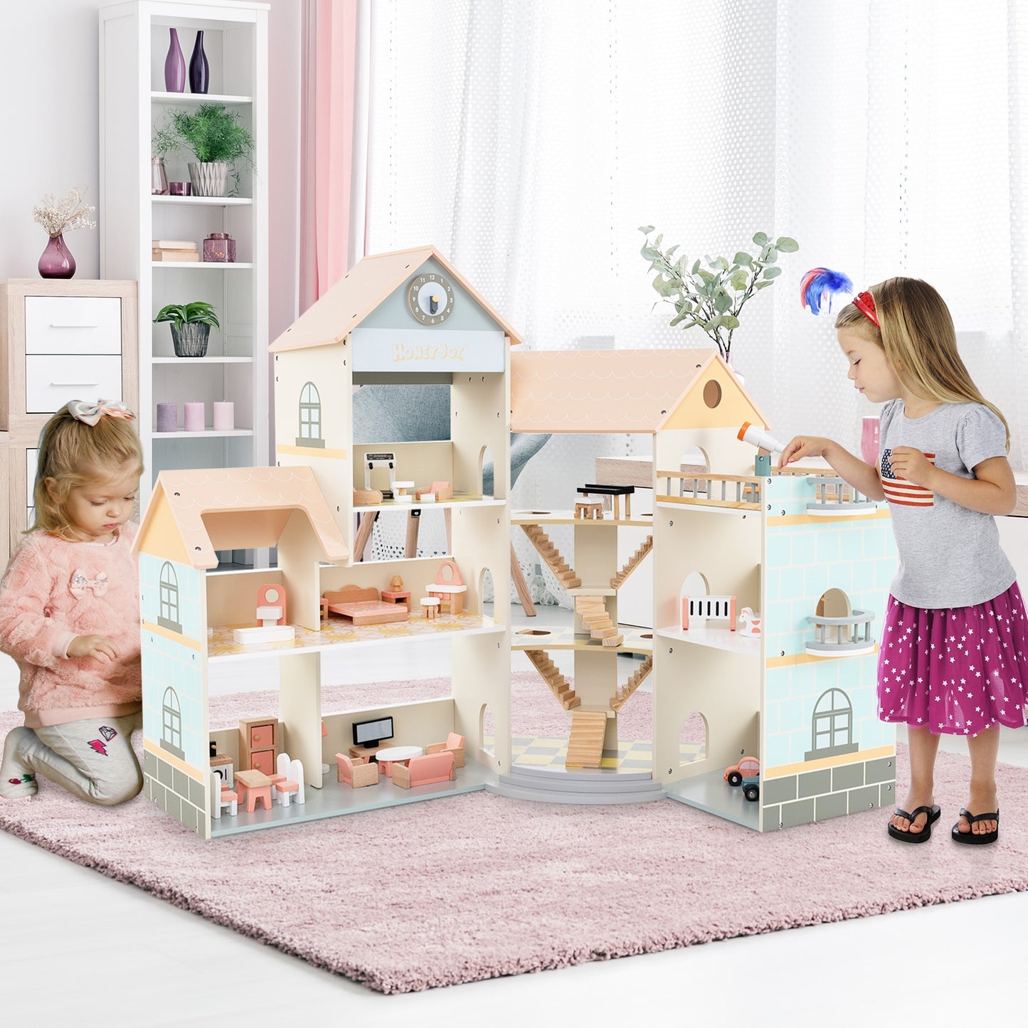 Wooden Corner Dollhouse Playset with 41 Pieces of Accessories for Kids 3+ Years Old-Orange Kids Crystal