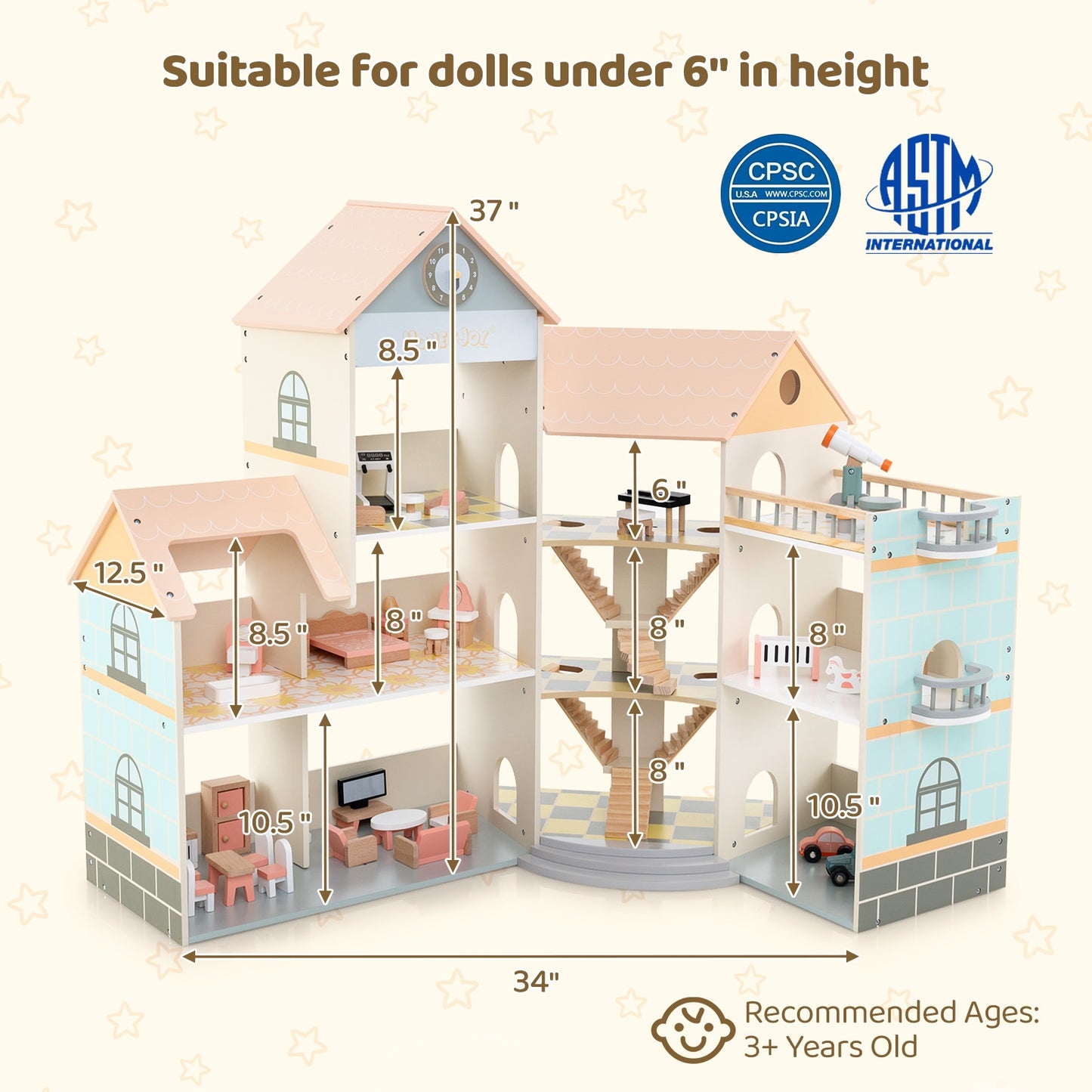 Wooden Corner Dollhouse Playset with 41 Pieces of Accessories for Kids 3+ Years Old-Orange Kids Crystal
