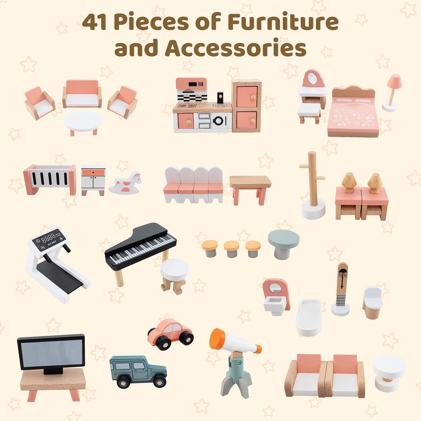 Wooden Corner Dollhouse Playset with 41 Pieces of Accessories for Kids 3+ Years Old-Orange Kids Crystal