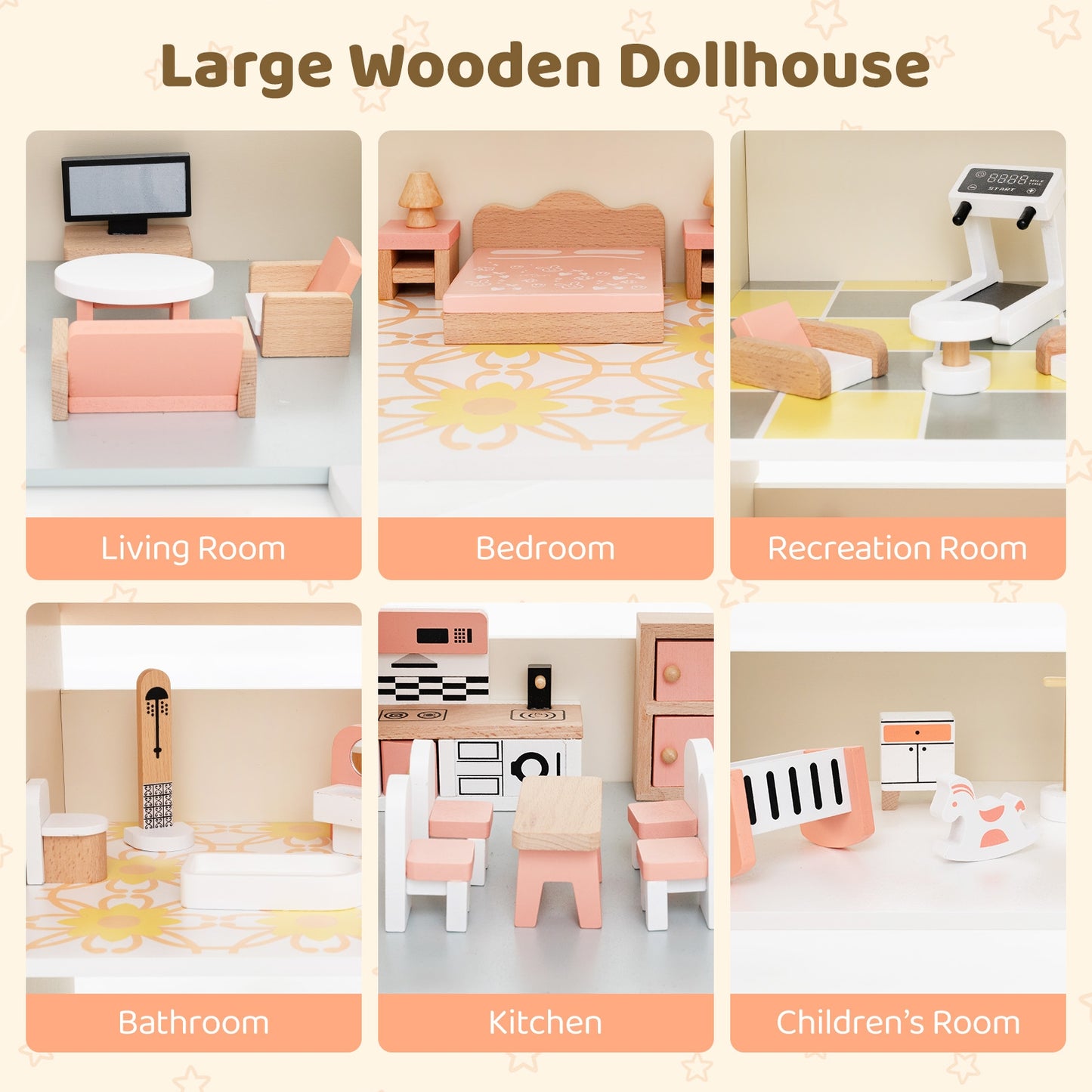 Wooden Corner Dollhouse Playset with 41 Pieces of Accessories for Kids 3+ Years Old-Orange Kids Crystal