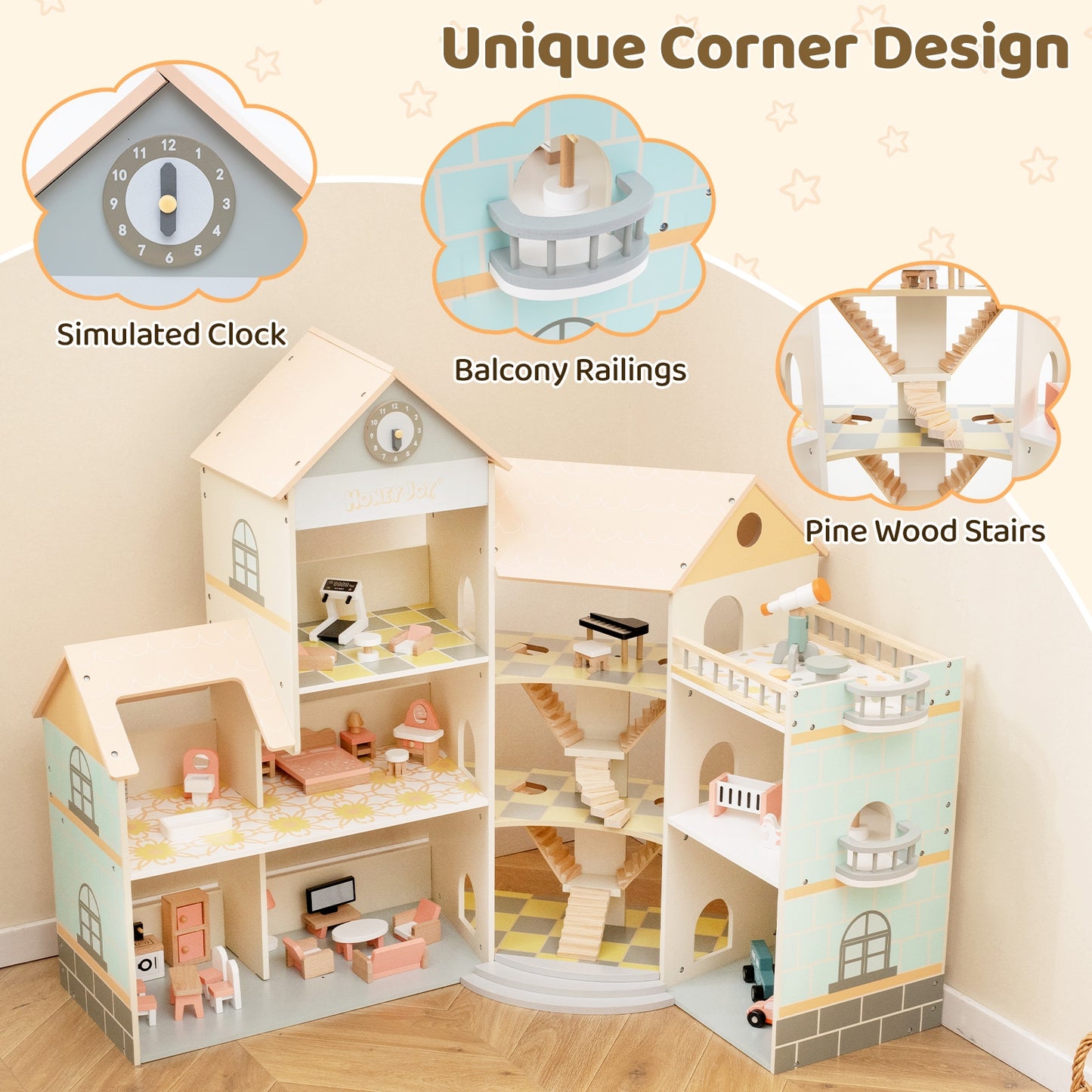 Wooden Corner Dollhouse Playset with 41 Pieces of Accessories for Kids 3+ Years Old-Orange Kids Crystal
