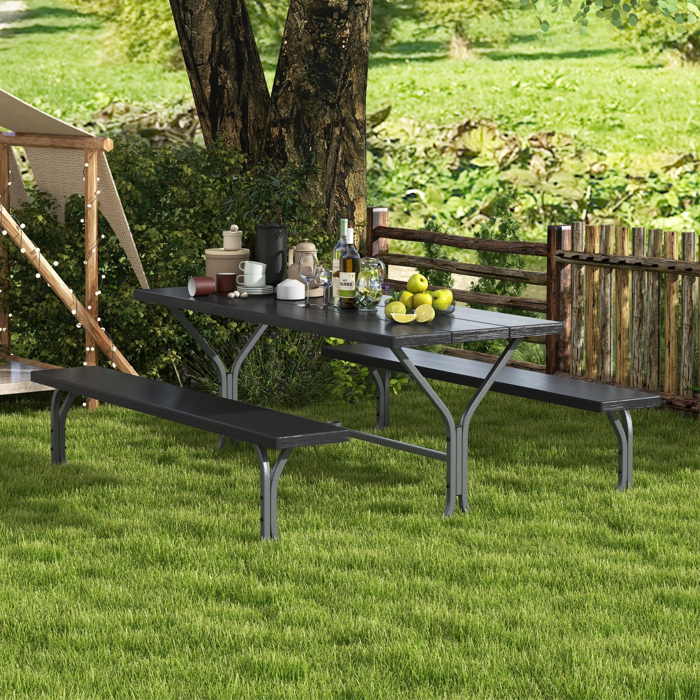 6 Feet Picnic Table Bench Set with HDPE Tabletop for 8 Person-Black Kids Crystal