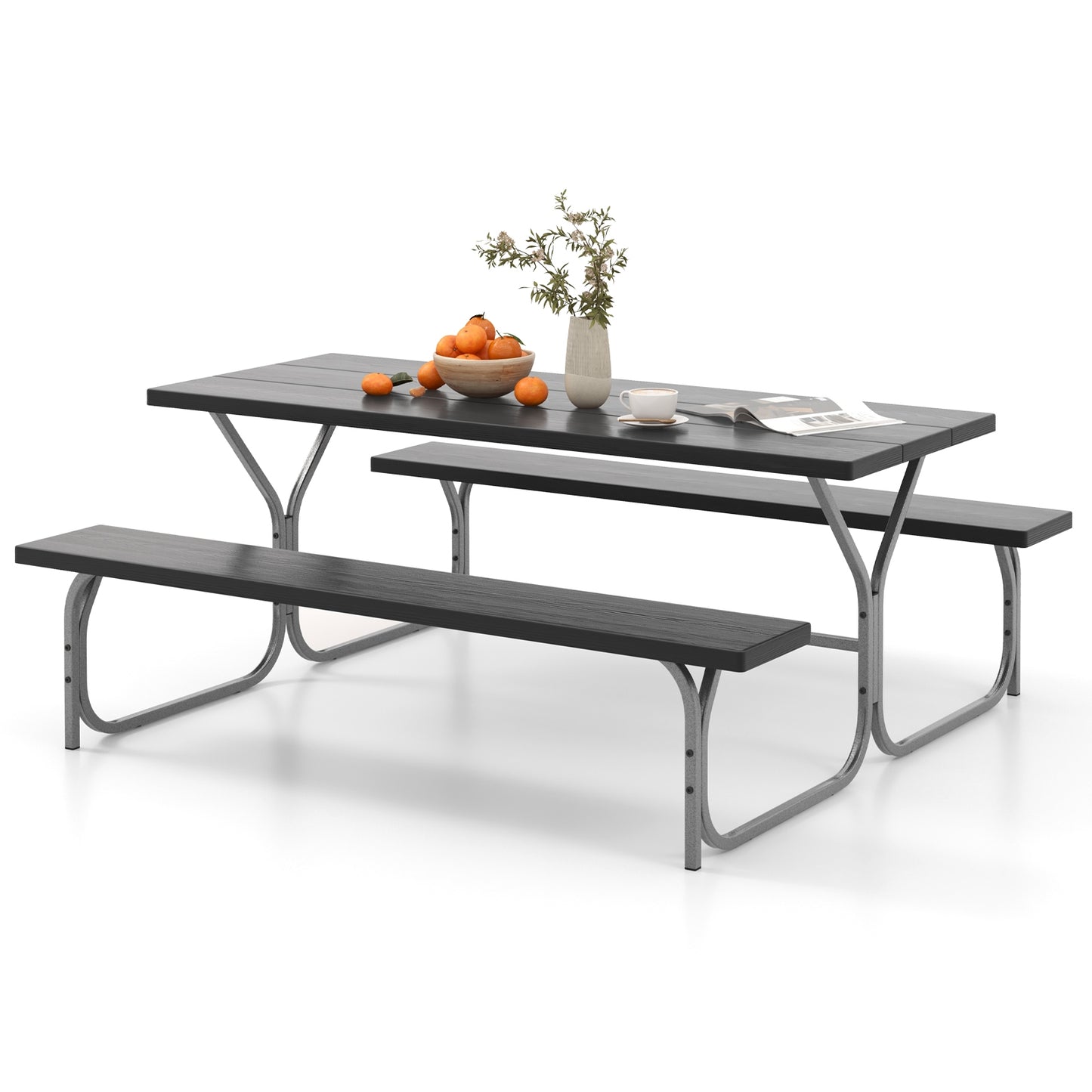 6 Feet Picnic Table Bench Set with HDPE Tabletop for 8 Person-Black Kids Crystal