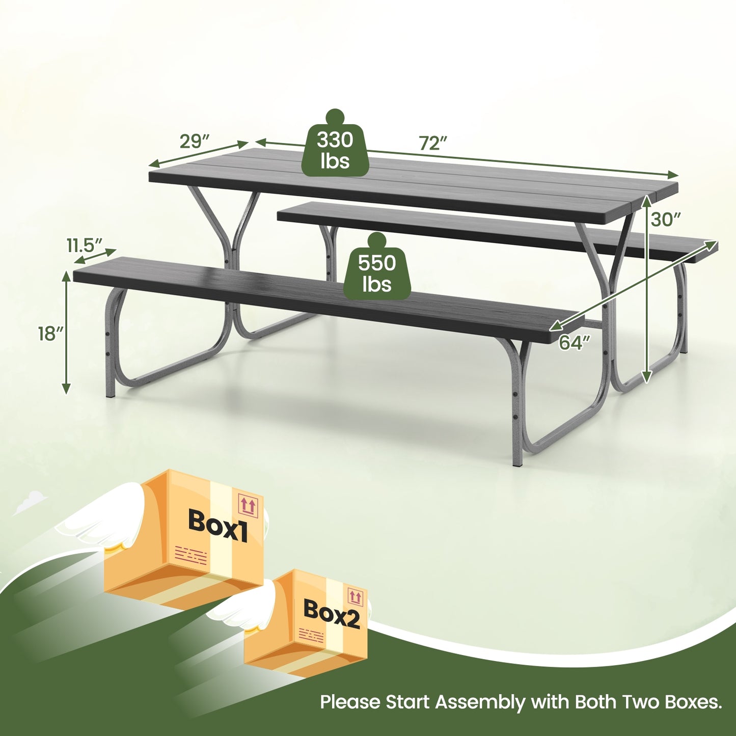 6 Feet Picnic Table Bench Set with HDPE Tabletop for 8 Person-Black Kids Crystal