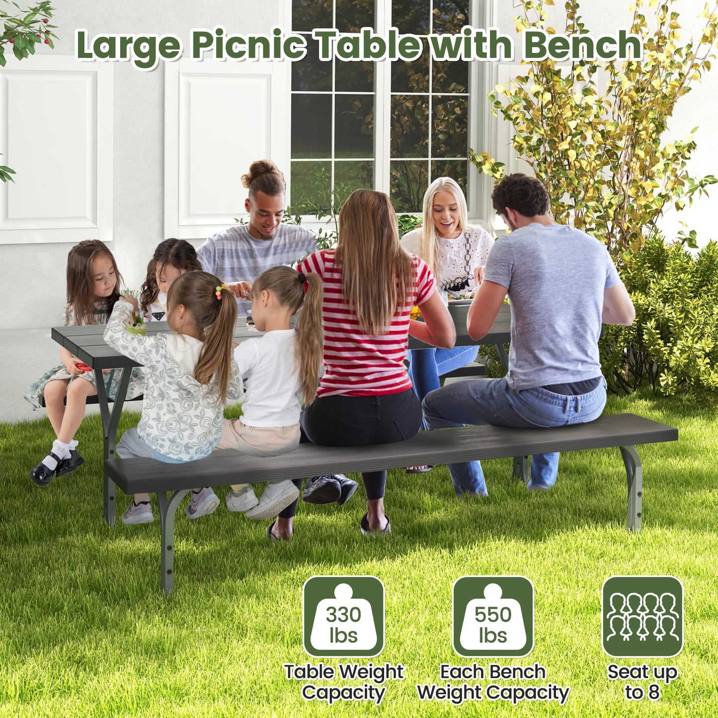 6 Feet Picnic Table Bench Set with HDPE Tabletop for 8 Person-Black Kids Crystal
