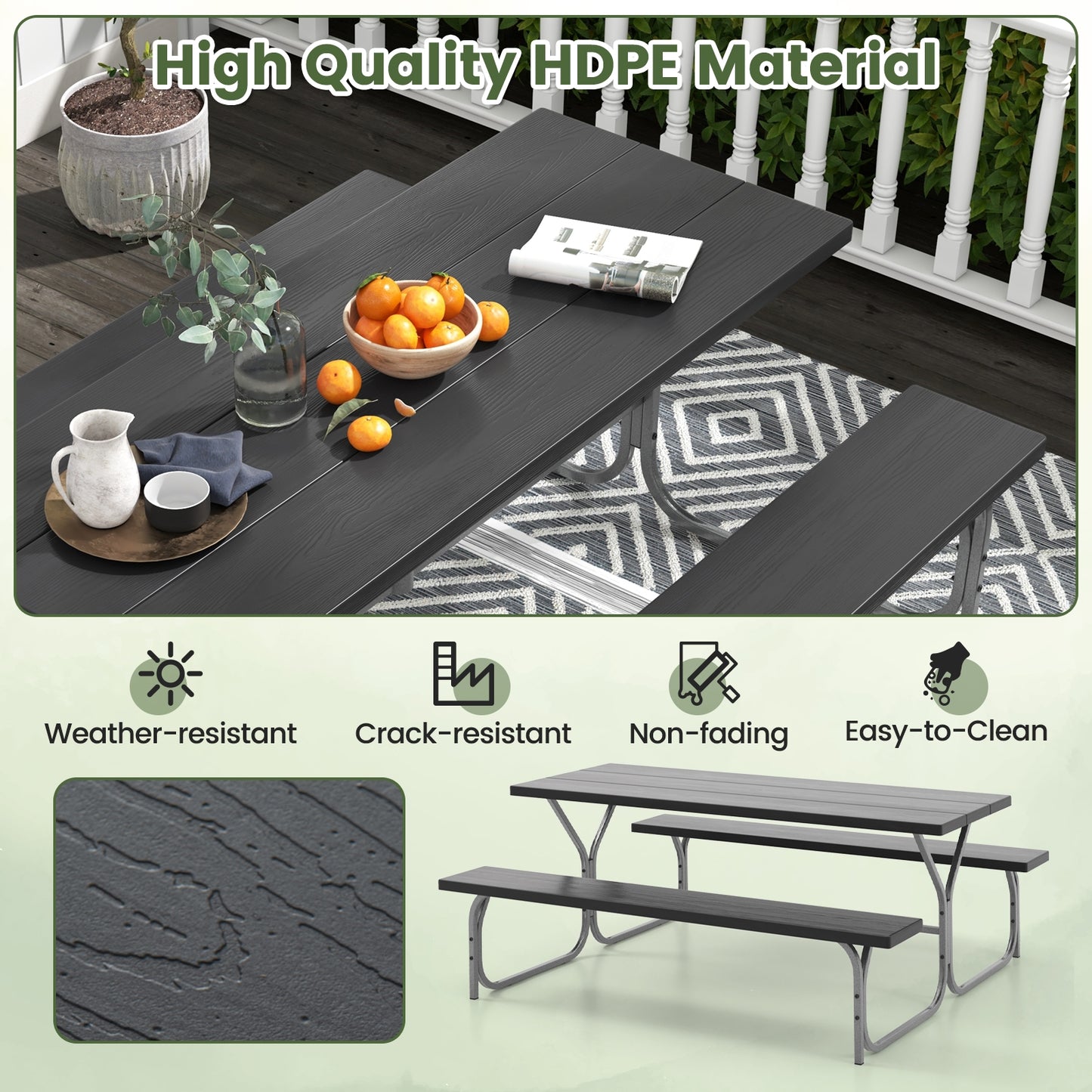 6 Feet Picnic Table Bench Set with HDPE Tabletop for 8 Person-Black Kids Crystal