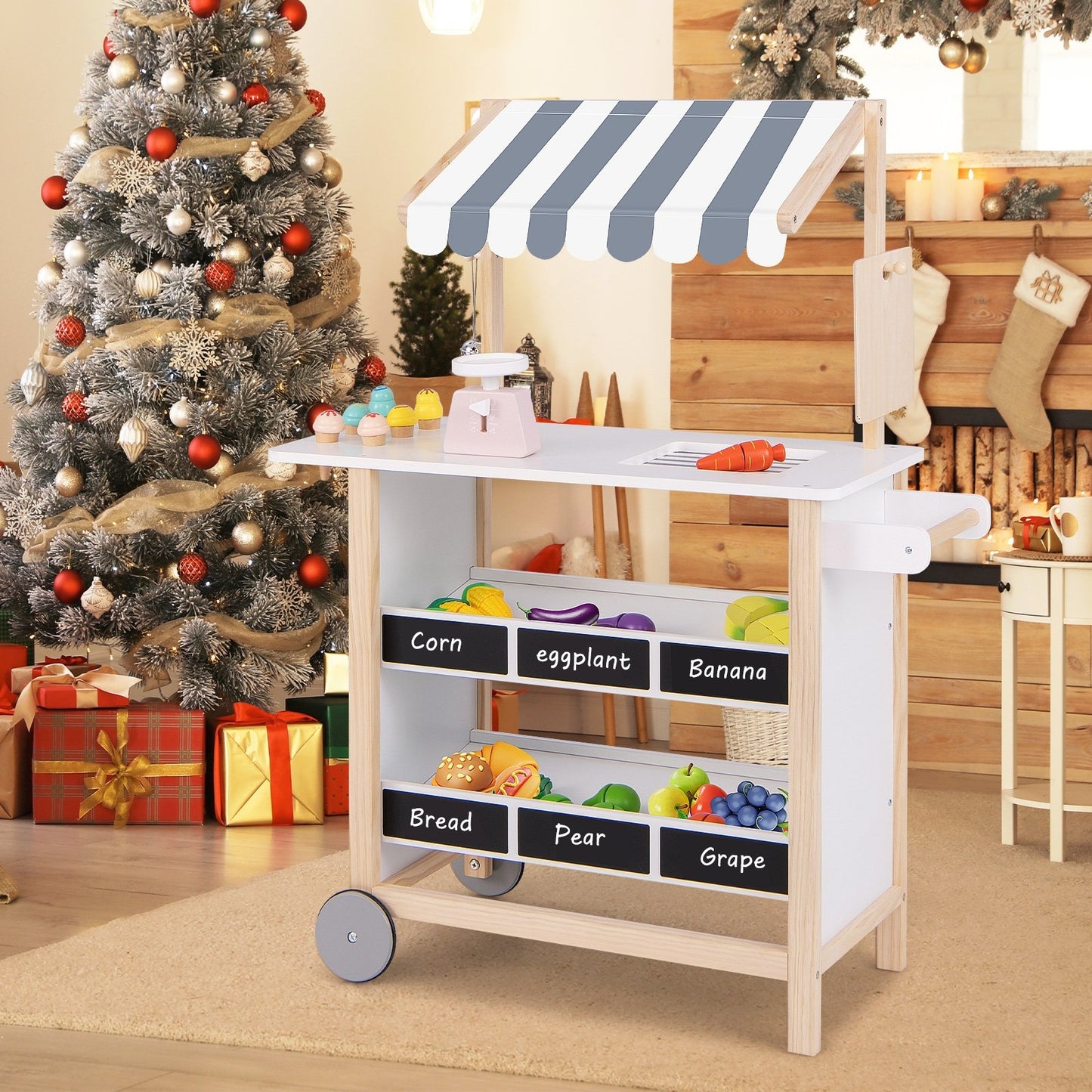 Kids Wooden Ice Cream Cart with Chalkboard and Storage for over 3 Years Old-White Kids Crystal