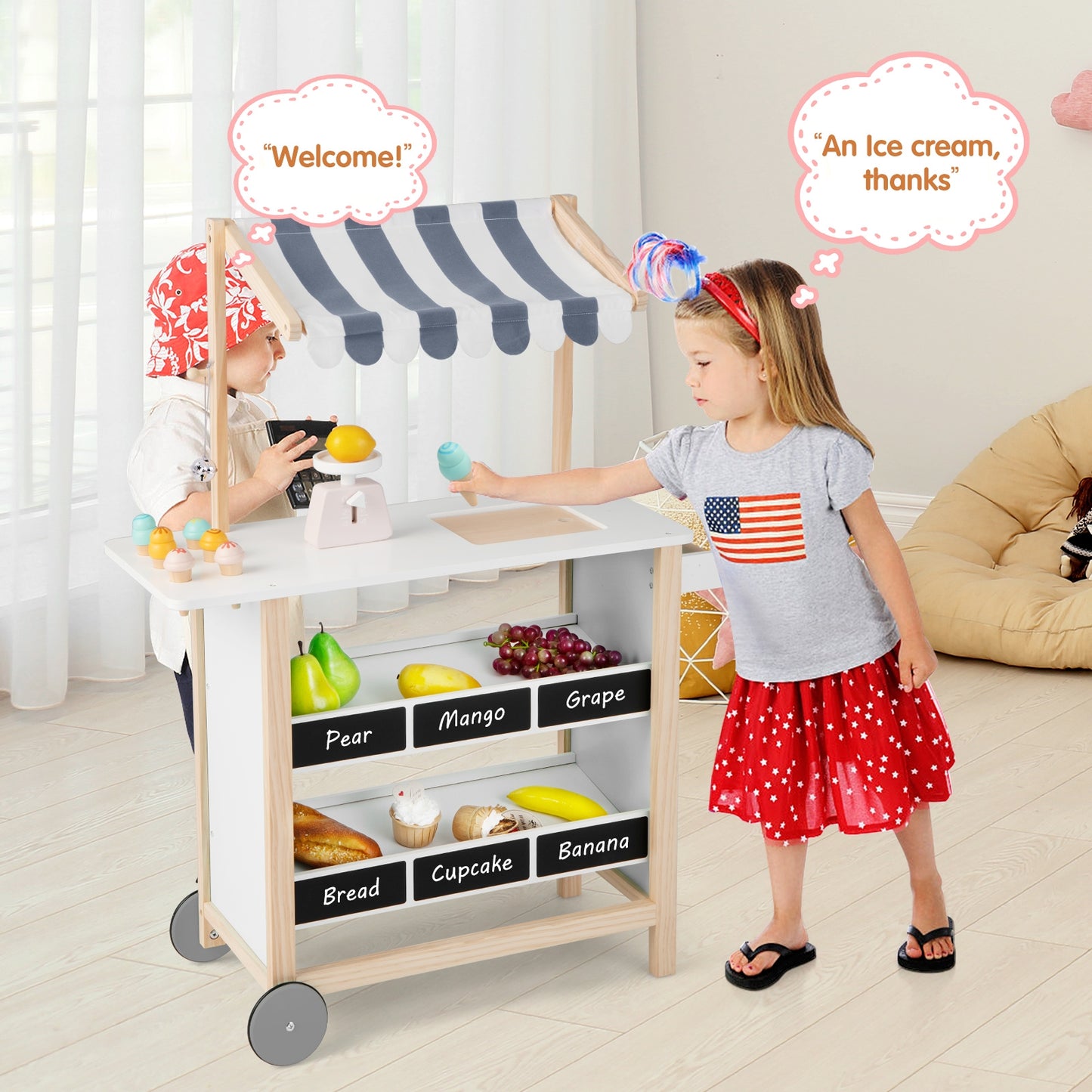 Kids Wooden Ice Cream Cart with Chalkboard and Storage for over 3 Years Old-White Kids Crystal