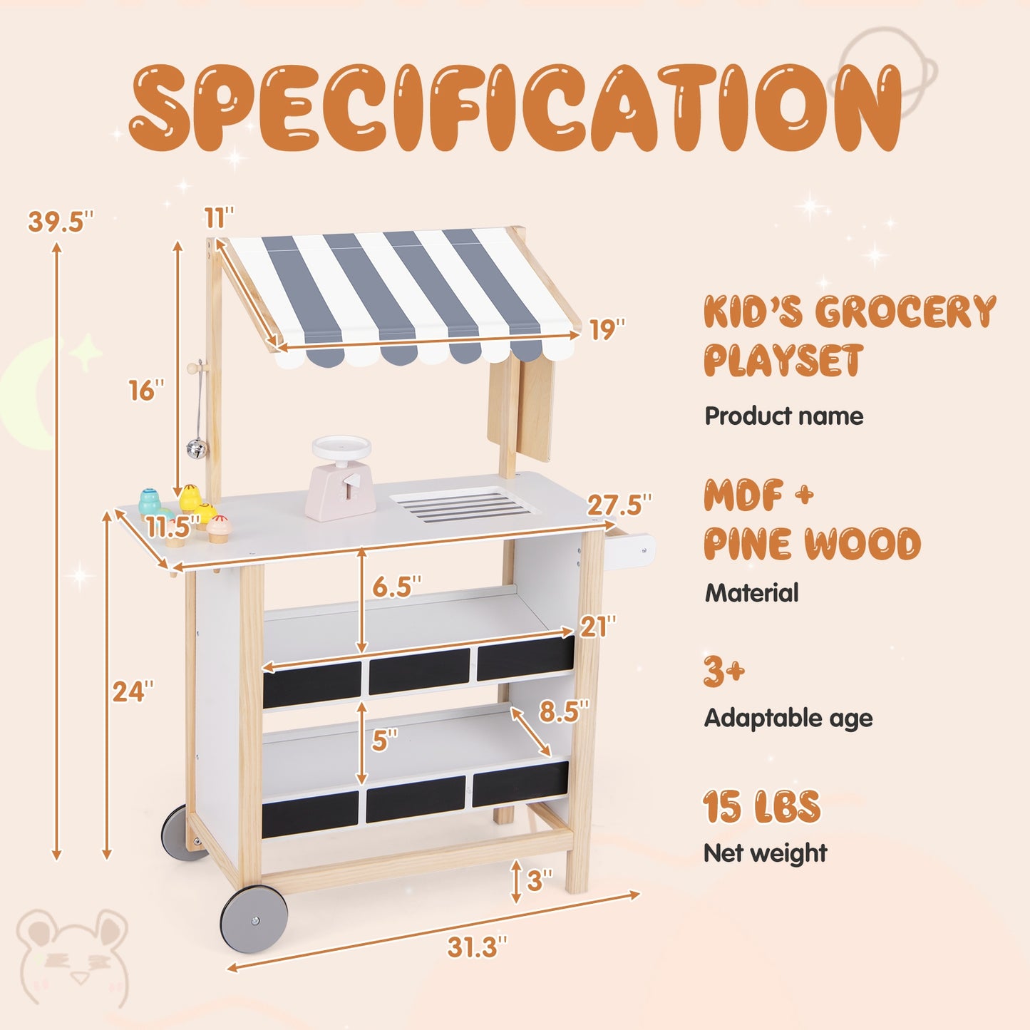 Kids Wooden Ice Cream Cart with Chalkboard and Storage for over 3 Years Old-White Kids Crystal