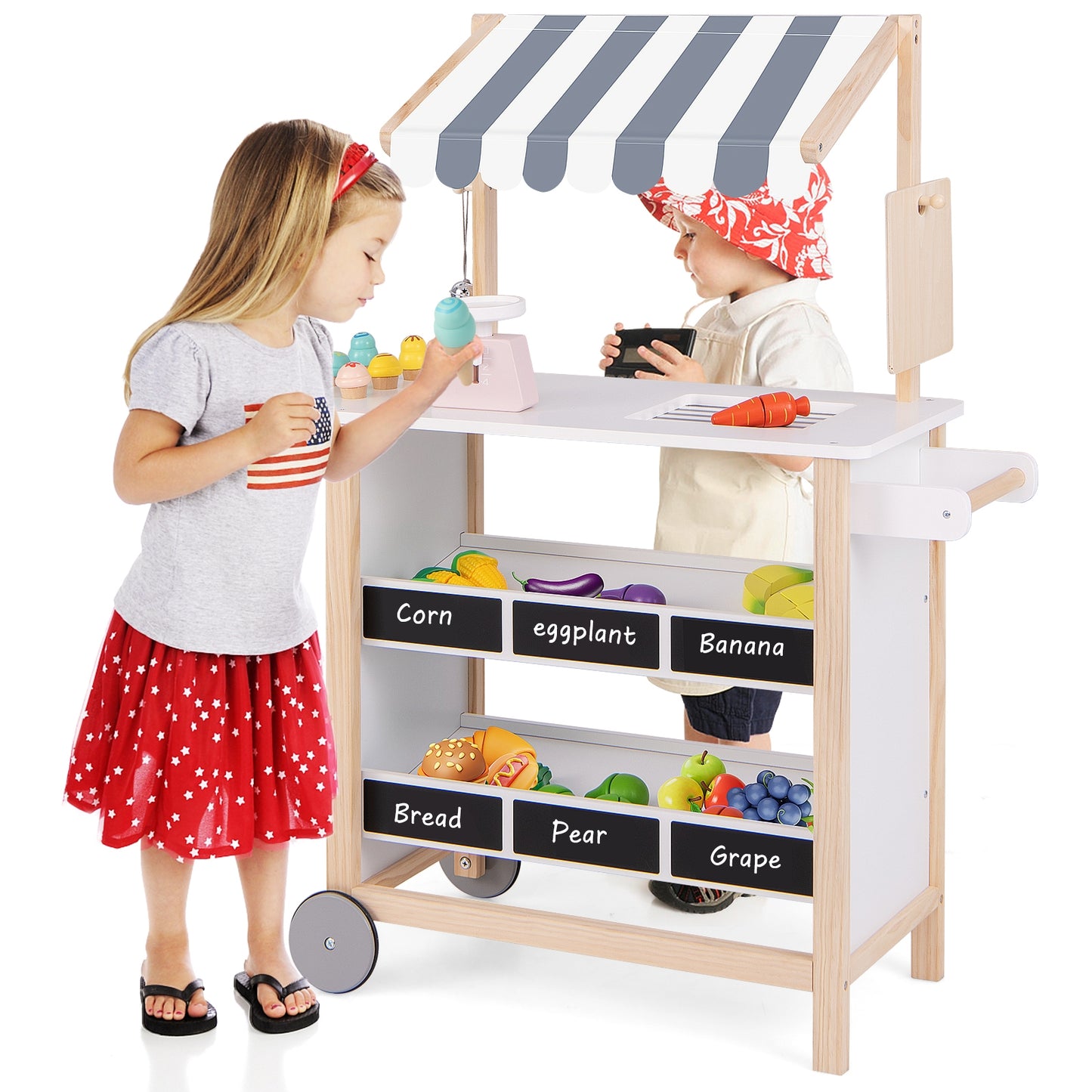 Kids Wooden Ice Cream Cart with Chalkboard and Storage for over 3 Years Old-White Kids Crystal