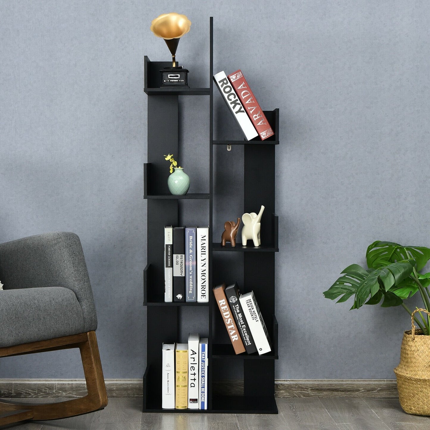 8-Tier Bookshelf Bookcase with 8 Open Compartments Space-Saving Storage Rack -Black Kids Crystal