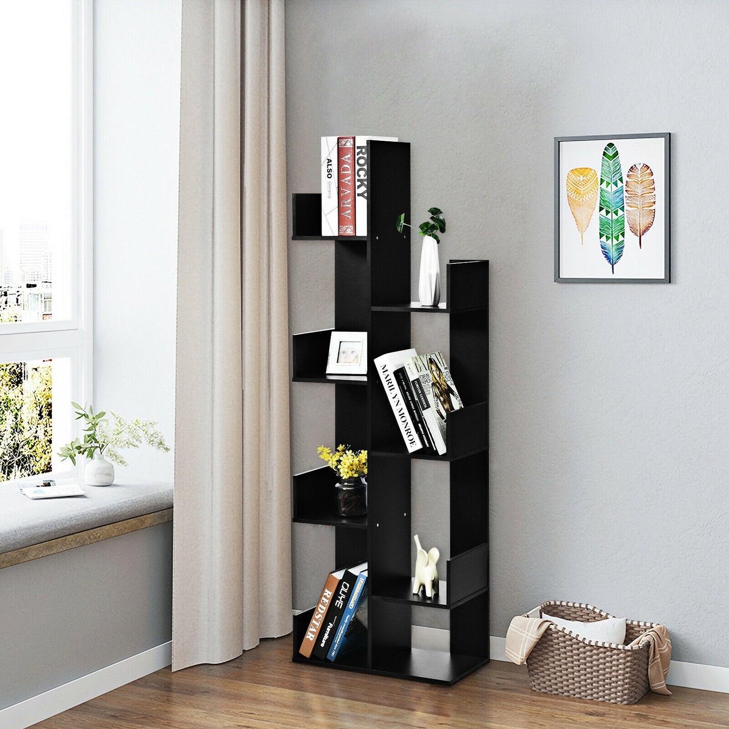 8-Tier Bookshelf Bookcase with 8 Open Compartments Space-Saving Storage Rack -Black Kids Crystal