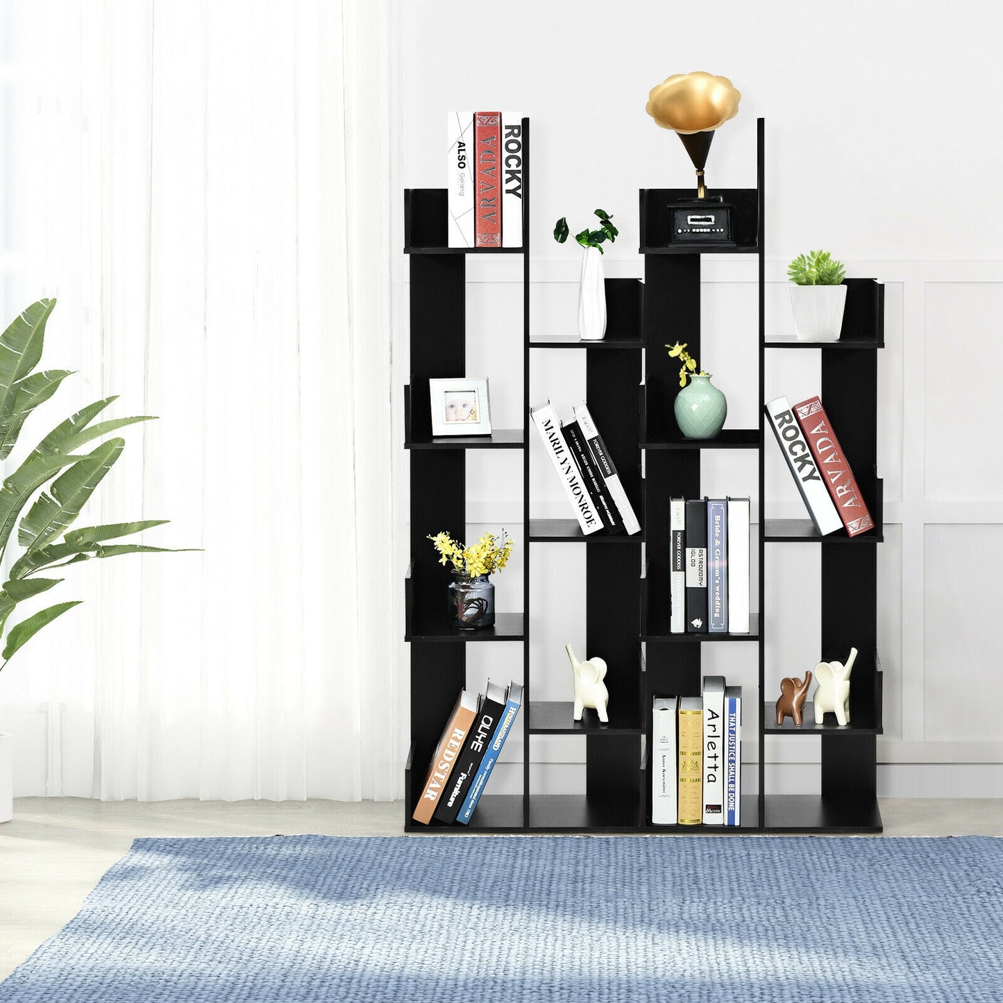 8-Tier Bookshelf Bookcase with 8 Open Compartments Space-Saving Storage Rack -Black Kids Crystal