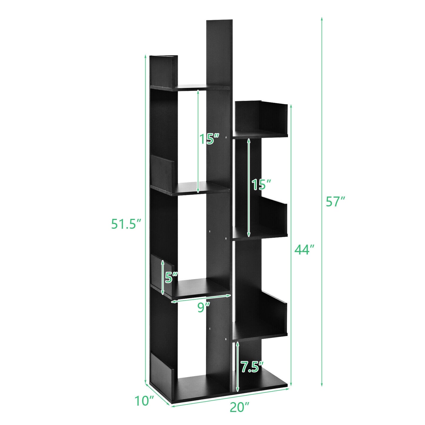 8-Tier Bookshelf Bookcase with 8 Open Compartments Space-Saving Storage Rack -Black Kids Crystal