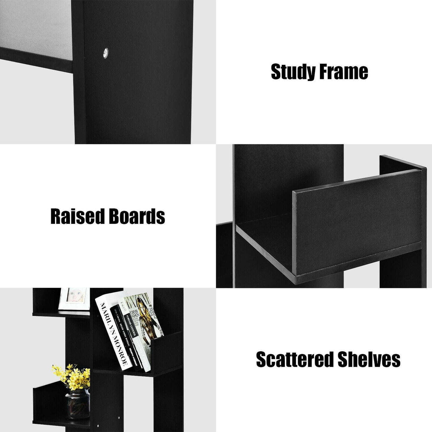 8-Tier Bookshelf Bookcase with 8 Open Compartments Space-Saving Storage Rack -Black Kids Crystal