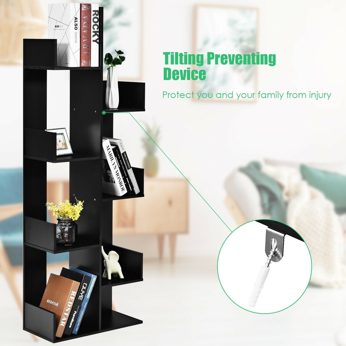 8-Tier Bookshelf Bookcase with 8 Open Compartments Space-Saving Storage Rack -Black Kids Crystal
