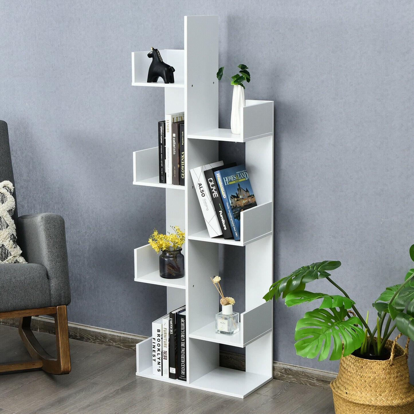 8-Tier Bookshelf Bookcase with 8 Open Compartments Space-Saving Storage Rack -White Kids Crystal