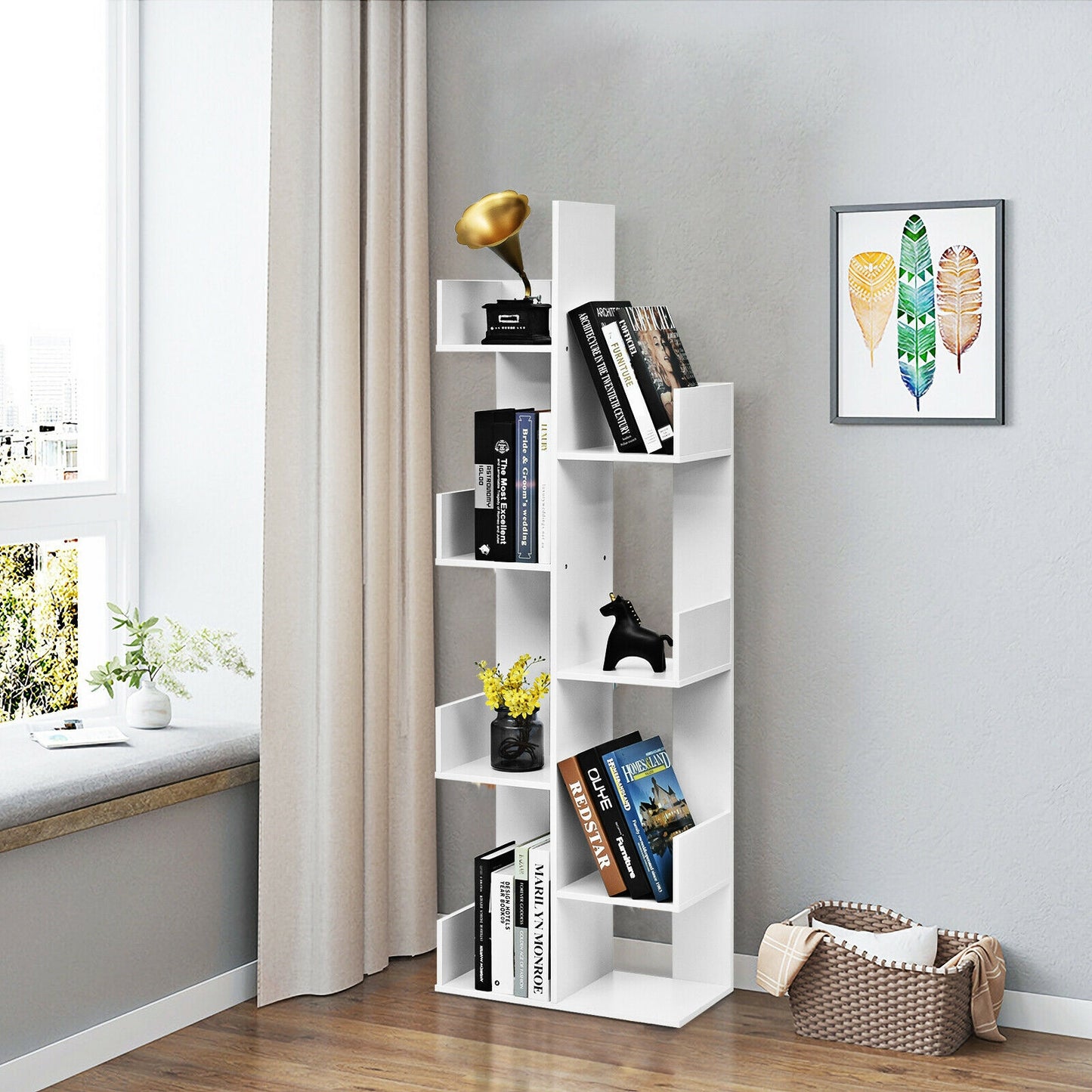 8-Tier Bookshelf Bookcase with 8 Open Compartments Space-Saving Storage Rack -White Kids Crystal